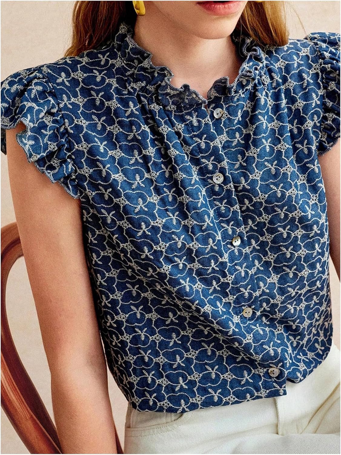 MakeMeChic Women's Button Down Blouse Embroidery Cap Sleeve Peplum Ruffle Trim Tops - Image 2