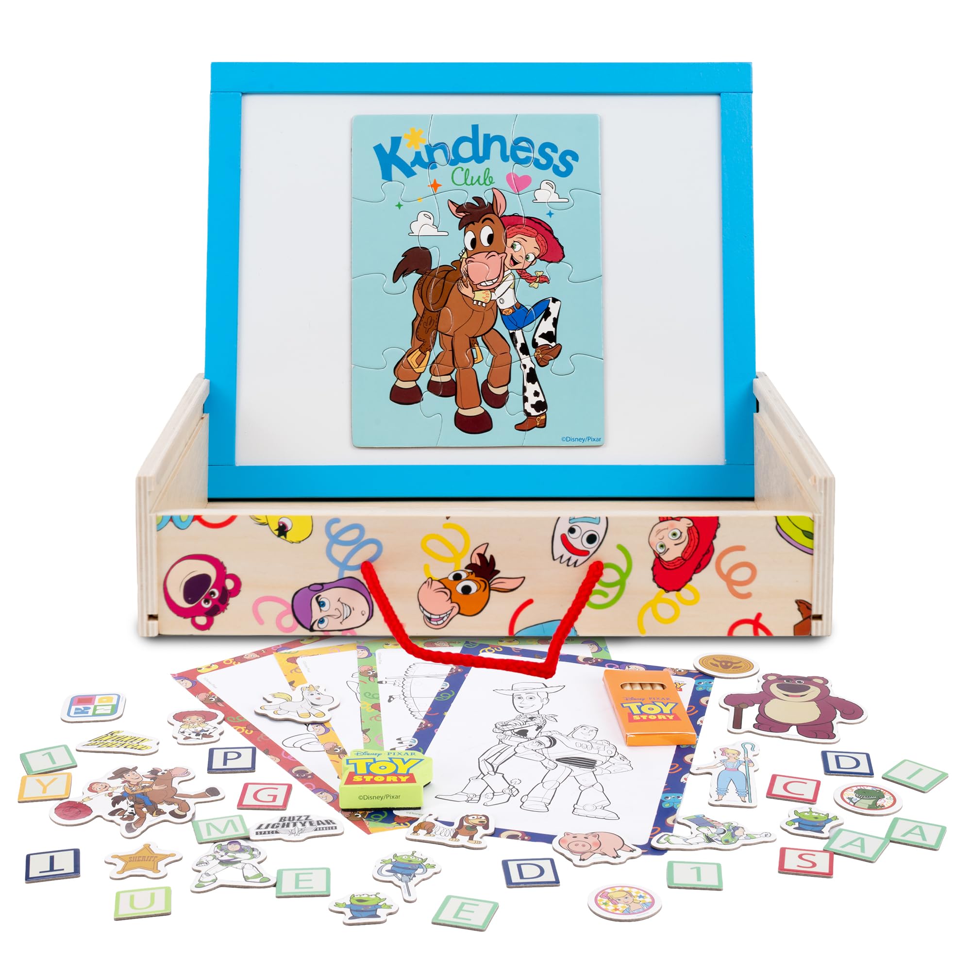 Disney Toy Story Art & Craft Wooden Carry Case for Kids – 110 Pieces Craft Kit with Alphabet, Character Magnets, Colouring Sheets, Pen, Eraser & Clock Hanger, for Age 3 Years & UP – Creation Station