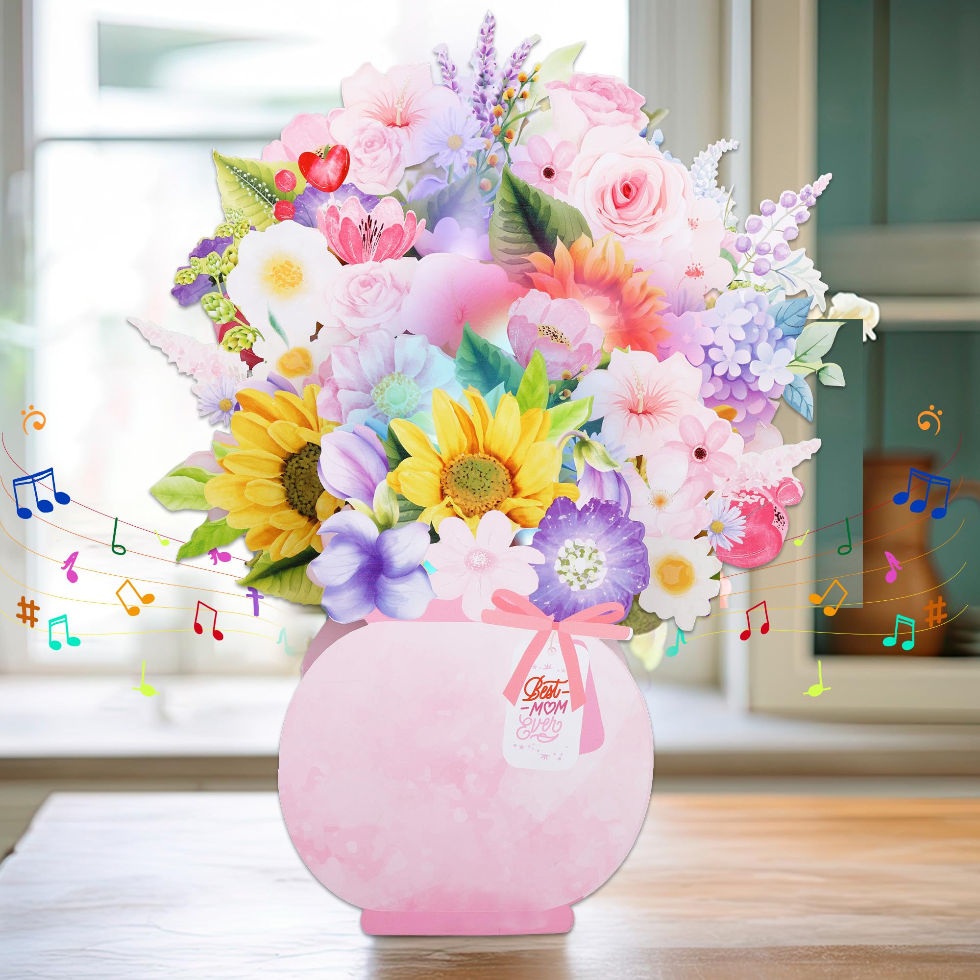 Tarjeta Emergente 3D Para El Día De La Madre, Ramo Flores Surtidas Con Luz Musical, Felicitación Floral Decorativa, Sobre Y Notas En , Perfecta Cumpleaños, Blanco