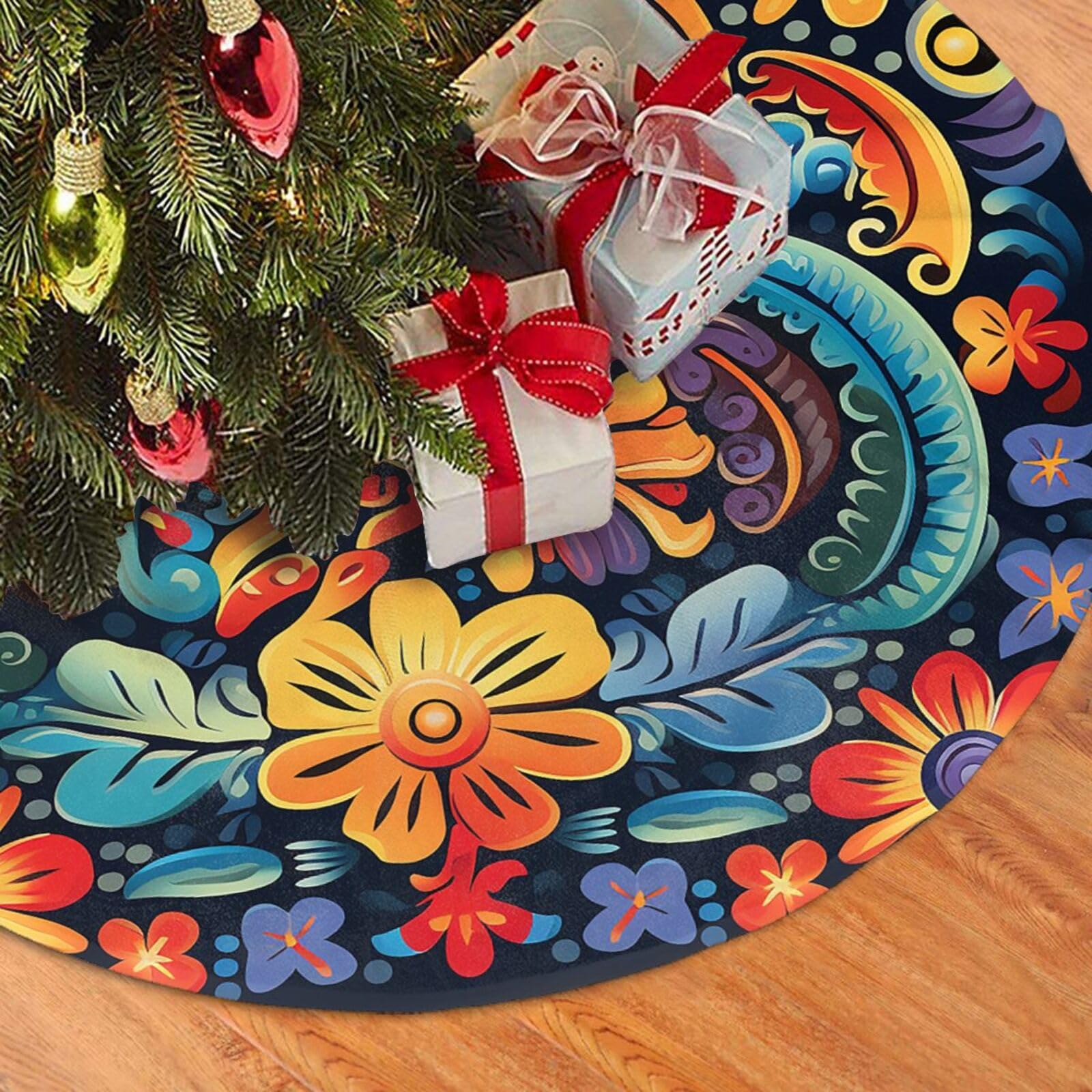 Fodpand Black Mexican Christmas Tree Skirt 36" Velvet Xmas Tree Skirt Mat Rustic Christmas Tree Mat Cover Winter Xmas Tree Collar For Indoor Outdoor Christmas Decorations