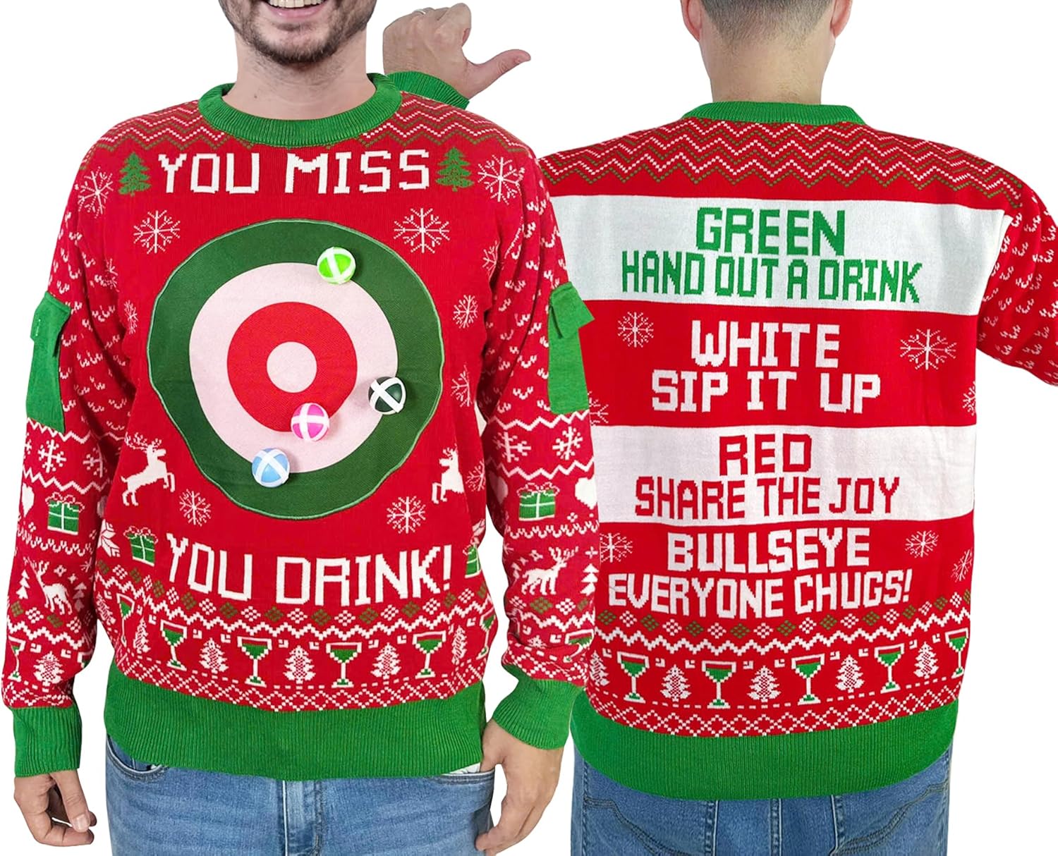 You Miss You Drink Sweater, Drinking Game Dartboard with 6 Sticked Ball Ugly Christmas Sweater Funny Matching Party Shirt