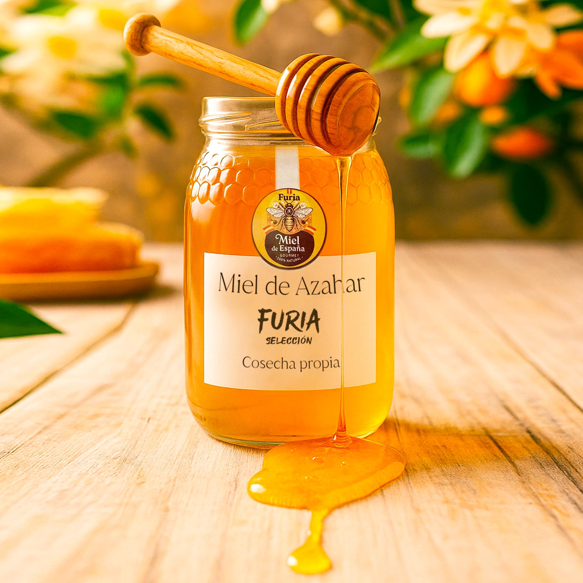 Miel de Azahar Cruda 500g – 100% Miel Pura de Abeja, Sin Pasteurizar – Flor de Naranjo Valenciana, Cosecha Propia Ecológica – Tarro de Cristal Reutilizable
