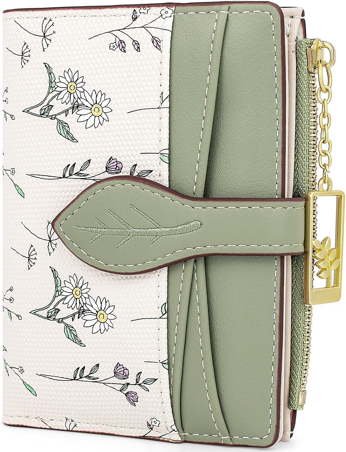 Women's Wallet Small Wallets for Women Cute Flower Ladies Women's Wallets Green Bifold Wallet Womens With Zipper Coin Pocket Purses Card Holder for Women