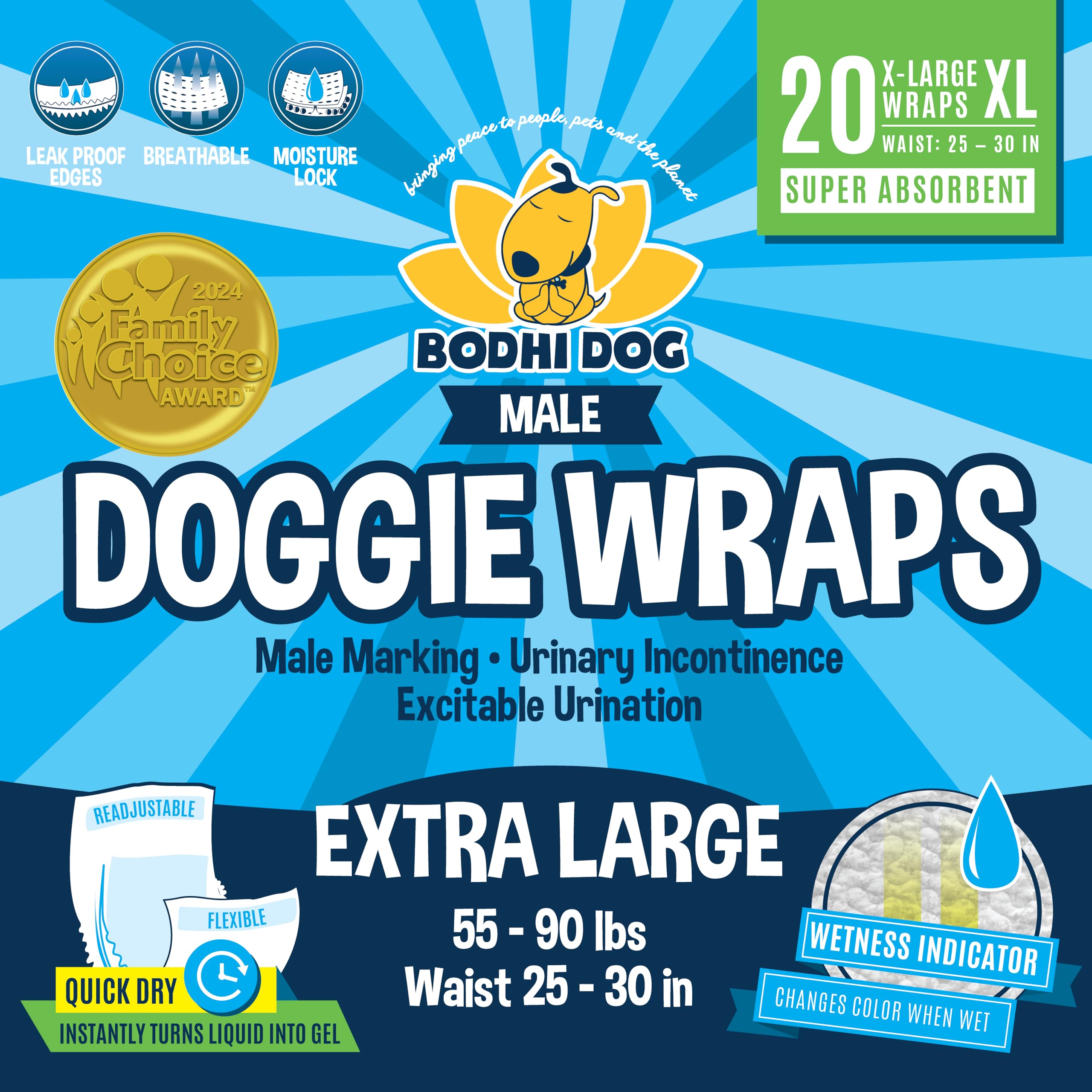 Disposable Male Dog Diapers - Super Absorbent, Leak-Proof Pee Wraps - Adjustable Fit, Comfortable Design, Advanced Moisture Control, and Wetness Indicator - Extra Large (20 Count)