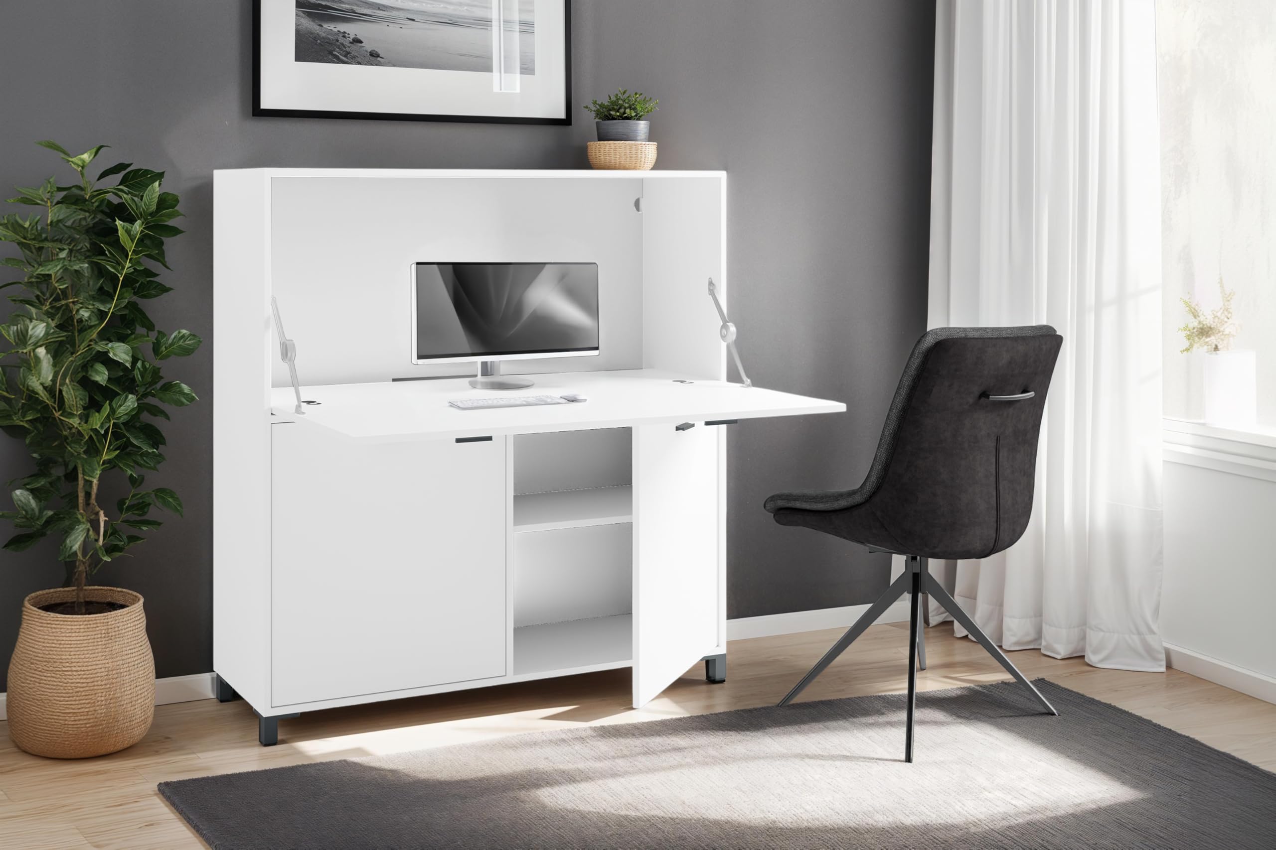 byLIVING Secrétaire Montana/Secrétaire Blanc Mat/Armoire de Bureau avec 1 Rabat et 2 Portes/poignées Noires/L 120, H 127, P 40 cm