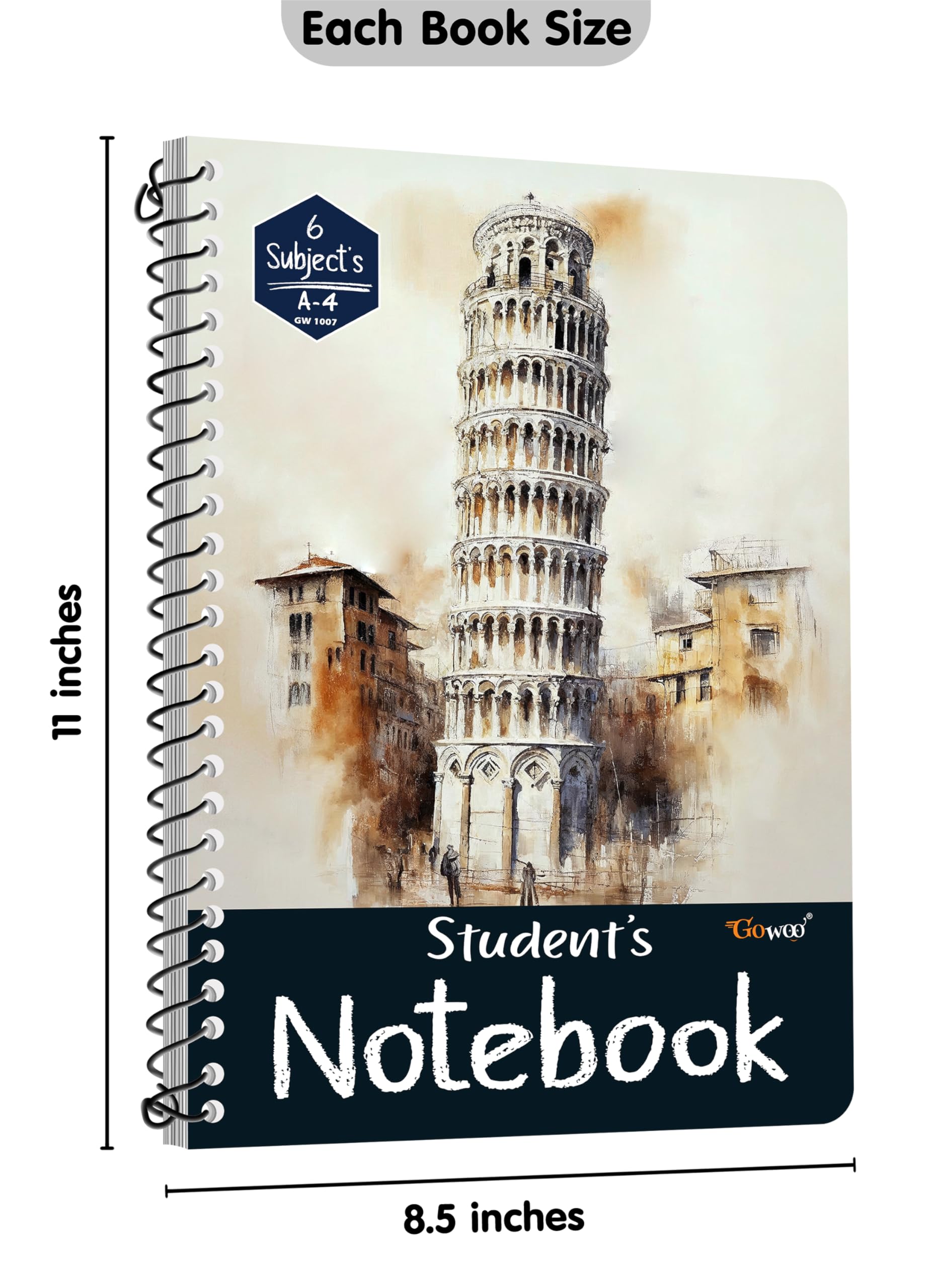 GOWOO Lot de 4 cahiers à spirale lignés au format A4 || 800 pages || 4 x 200 pages par carnet || Livre d'entraînement quotidien