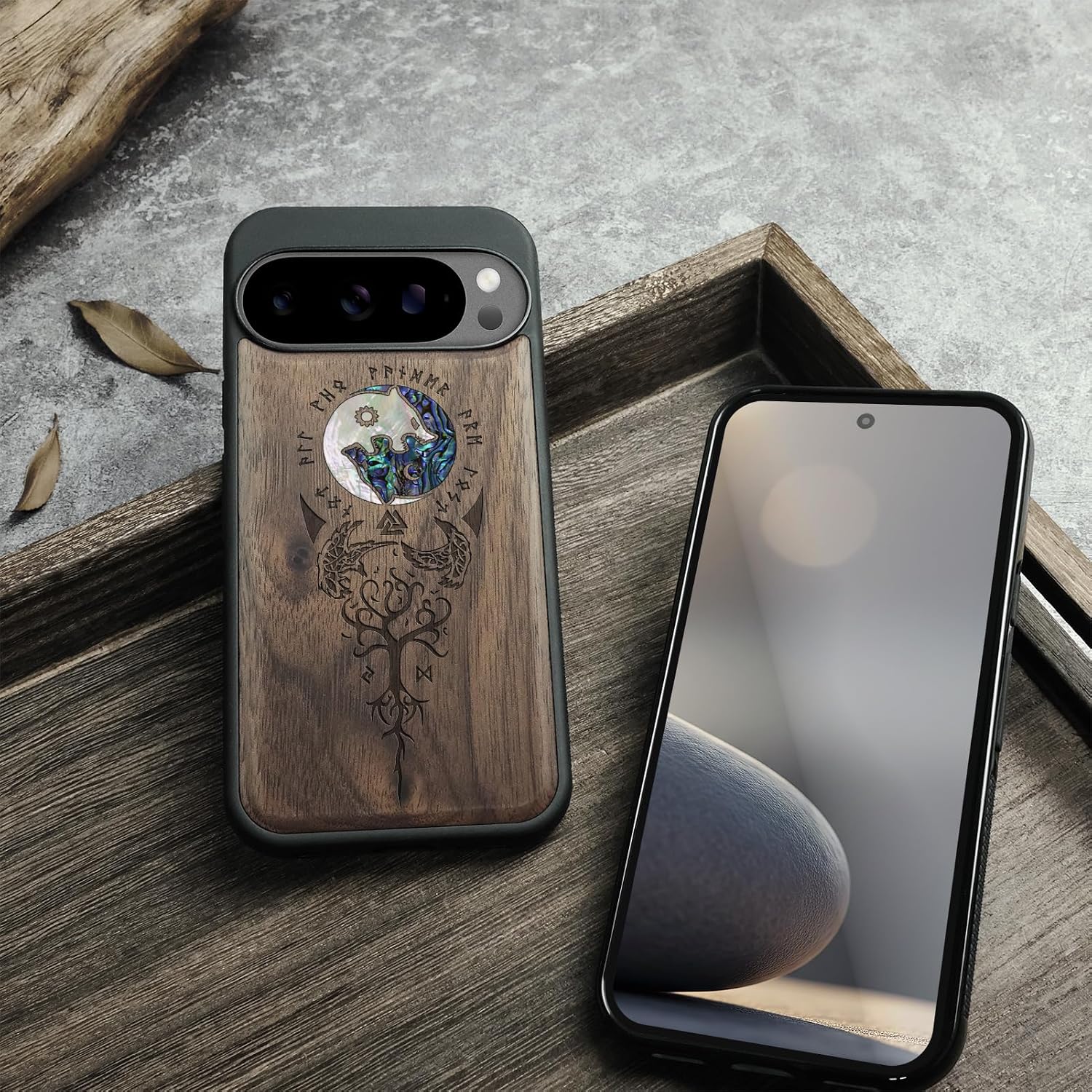 Carveit Magnetic Wooden Case for Google Pixel 10 Pro XL Case, Wood Artisan Engraved & Handmade Shell Inlaid, Compatible with MagSafe Wireless Chargers, Yin Yang Wolf - Walnut