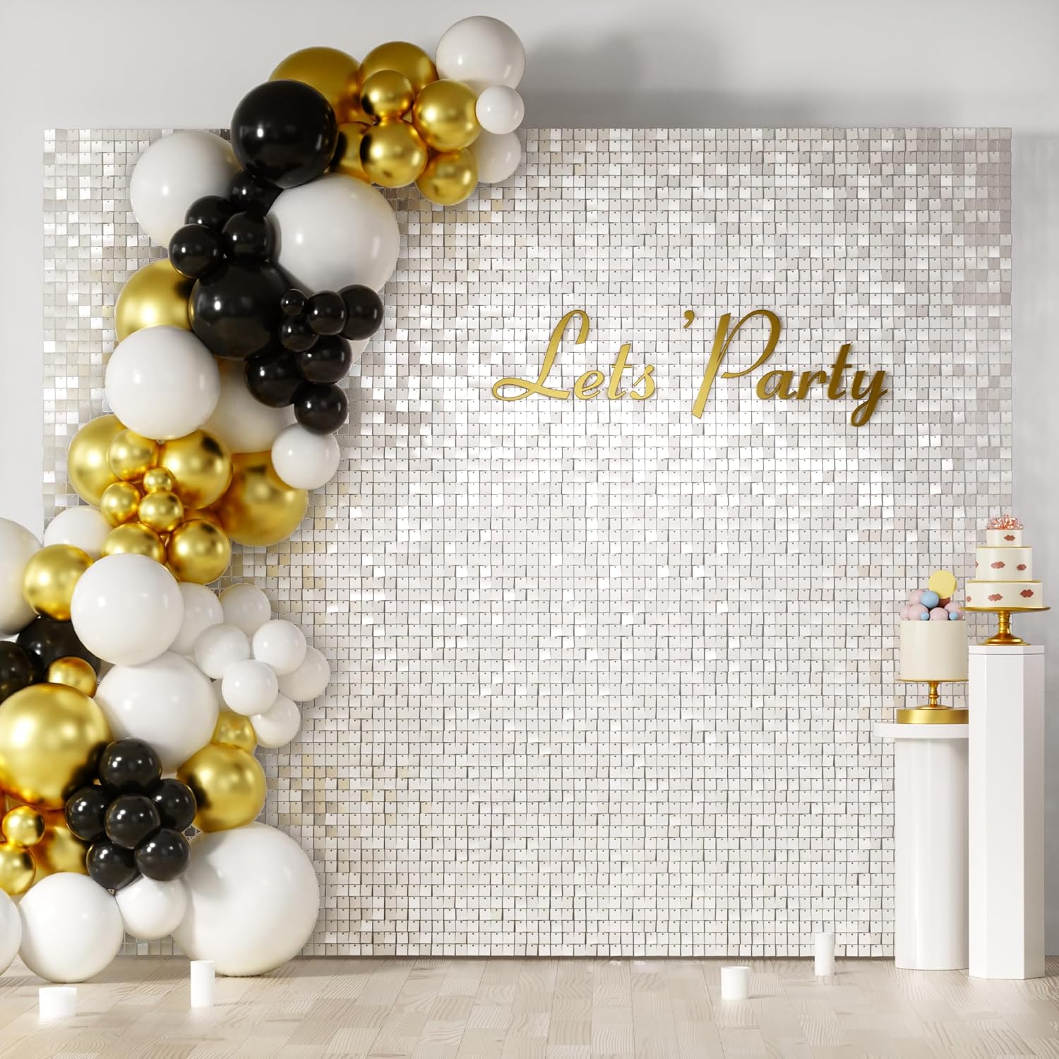 COKAOBE Mirror White Shimmer Wall Backdrop, 36PCS Square Sequin Shimmer Backdrop Panel, Photo Backdrops for Birthday, Anniversary, Wedding, Graduation & Bachelorette Party Decoration 36PCS Mirror White