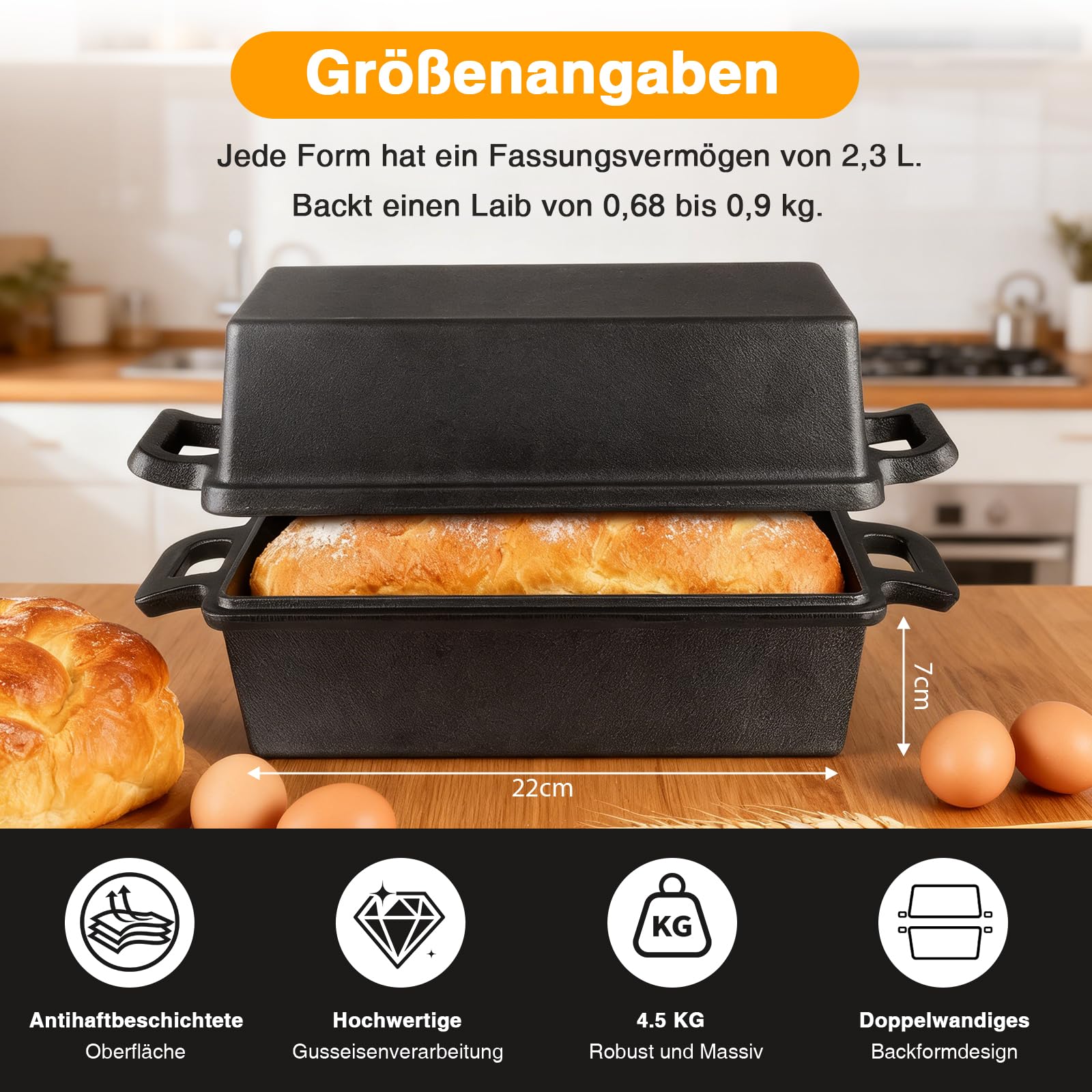Brotbackform mit Deckel, Gusseisen Topf Brot Backen, 2-in-1 Brotbacktopf für selbstgebackenes Sandwichbrot, Bananenbrot, Kuchen, Hackbraten, Schwarz
