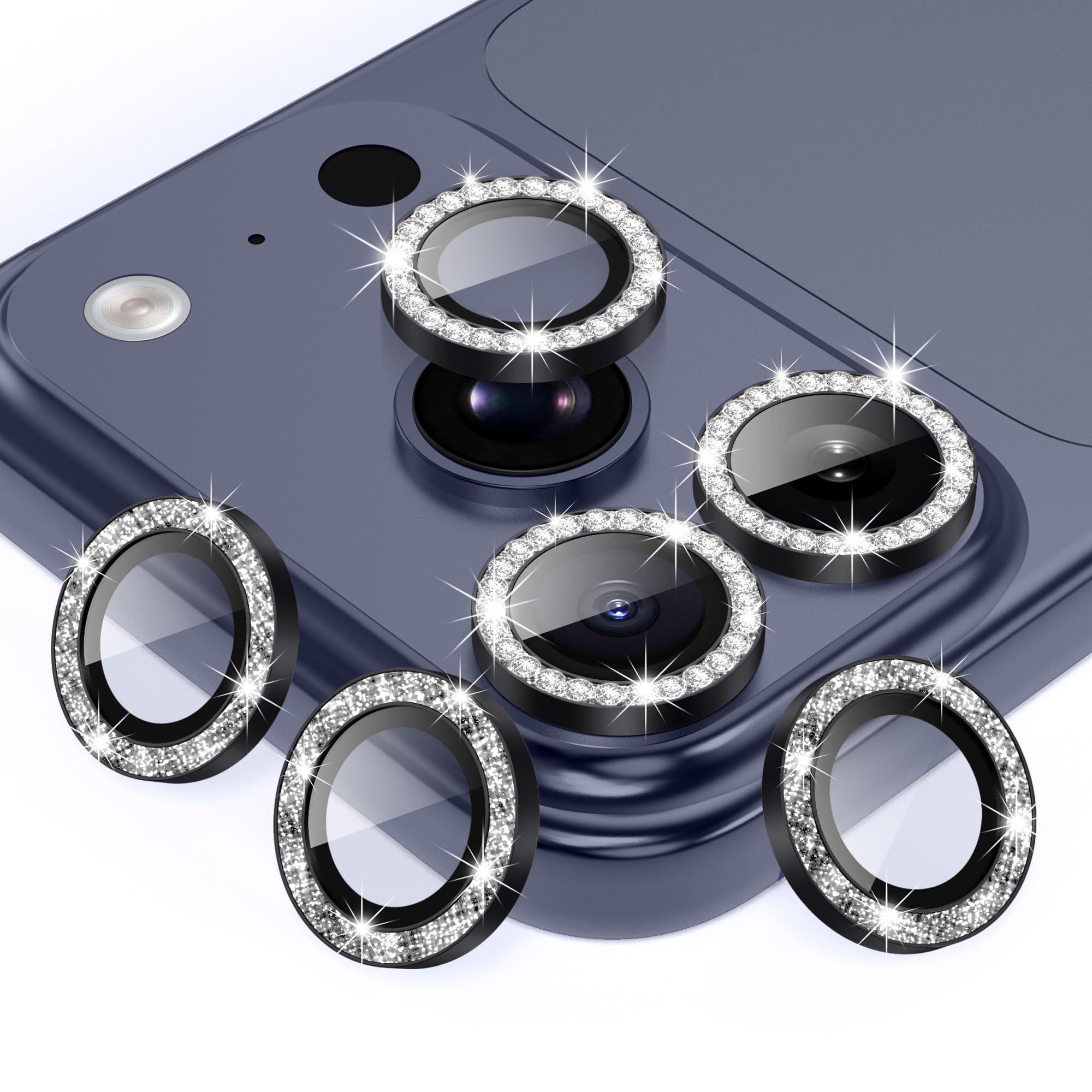 AGVEE 3+3 6 Pack for iPhone 17 Pro 6.3" / 17 Pro Max 6.9" Camera Lens Protector, Bling Diamond & Bling Glitter Metal Ring 9H Tempered HD Glass Camera Cover Film, Bling-Black