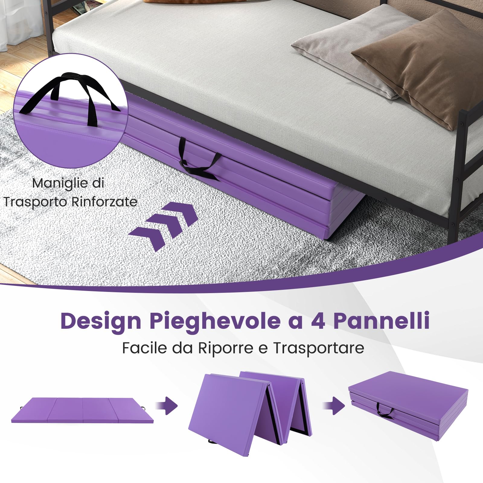 COSTWAY Tappetino Palestra Pieghevole a 4 Pannelli, Tappetino Ginnastica 300 x 117 x 5 CM con Maniglie e Chiusure a Strappo, per Ginnastica, Yoga e Stretching
