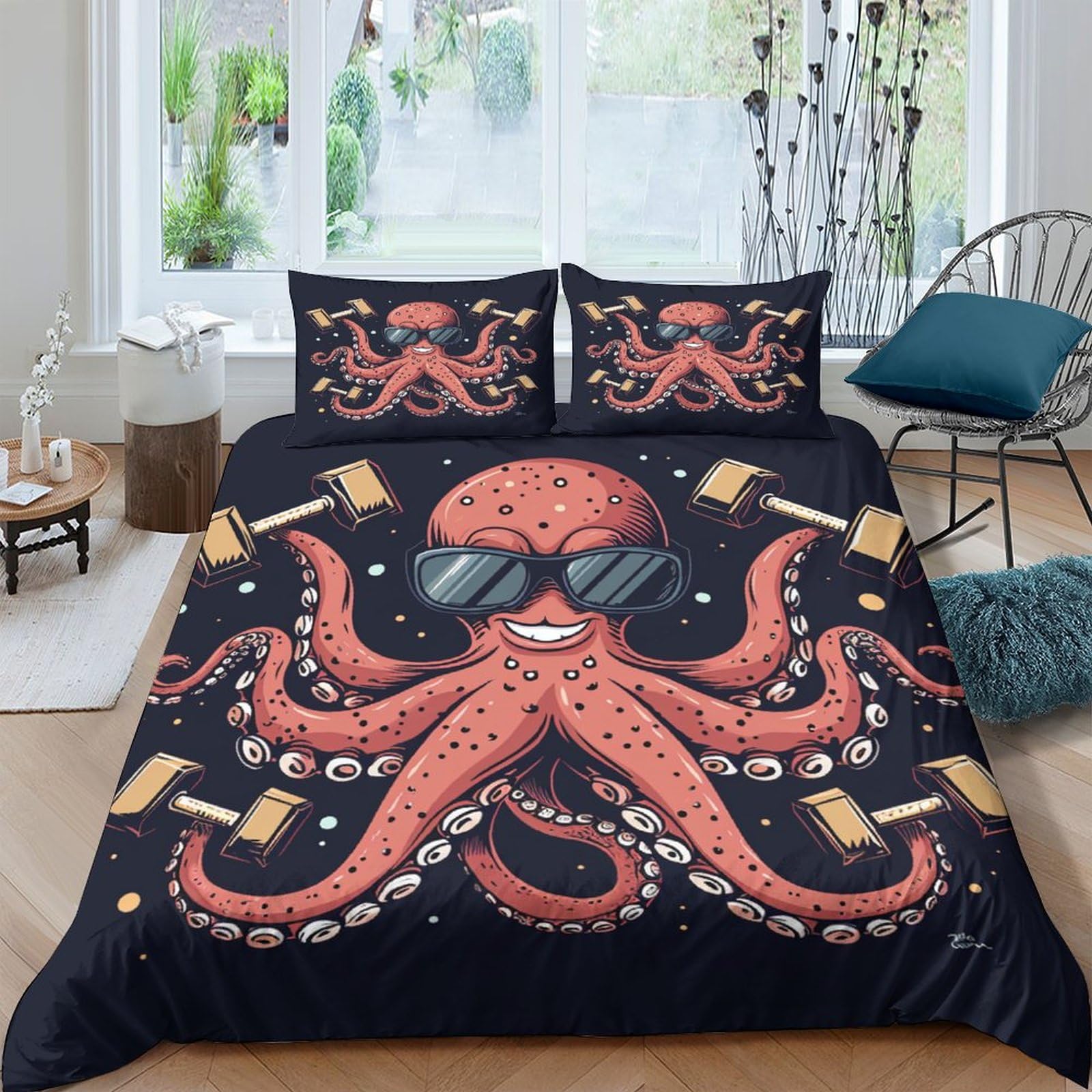 Housse de couette pieuvre avec fermeture éclair parure de lit anti-plis lit double