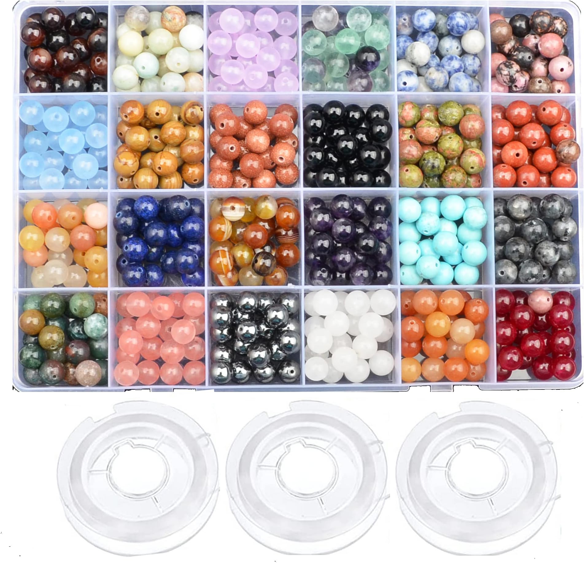 6mm Natural Mixed Materials Gemstones Beads Tiny Spacer Round Loose Beads Jewelry Making KIT with Thread 960 PCS(24 Natural, 6mm)