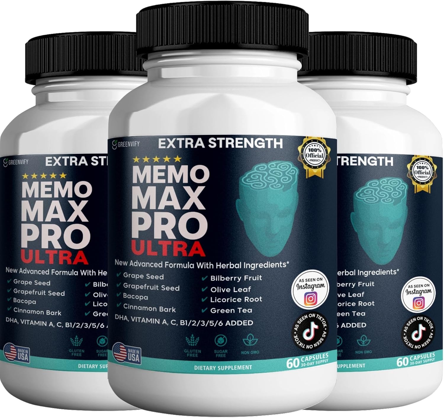 Memo Max Pro Ultra Memory Support Supplement, 60 Capsules, Extra Strength with Vitamins and Herbal Blend (1)