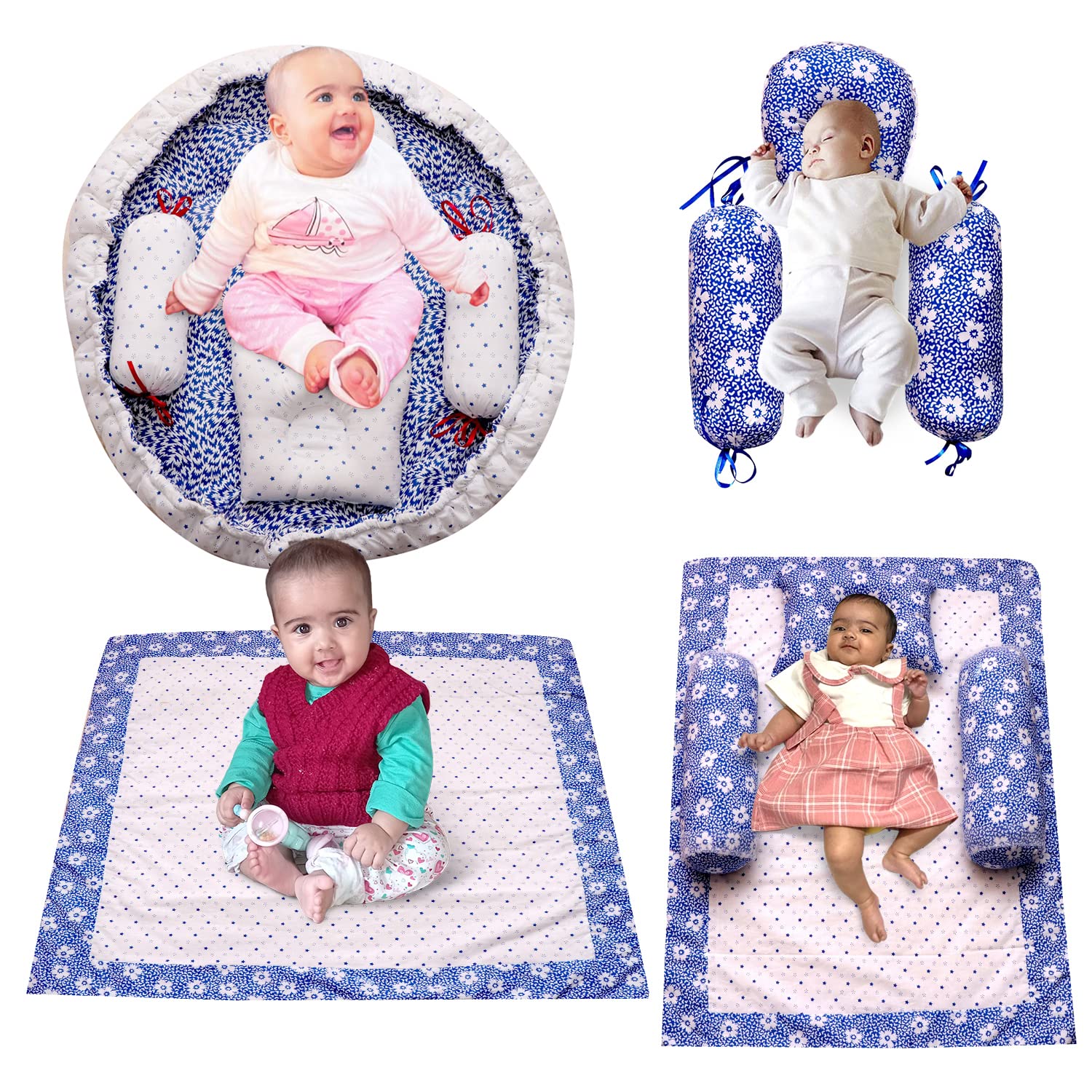 creative textiles New Born Baby Bed & Sleeping Combo 4 Gift Set (Blue Flower Printed)