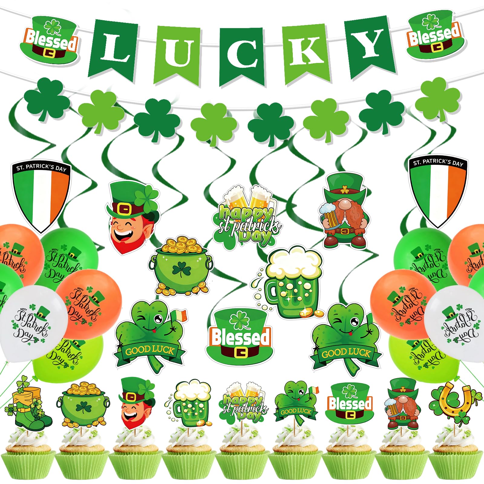 JoyAura St Patricks Day Decorations, St Patrick’s Day Shamrock Shield Banner with Hanging Bunting and Balloons, Cake Topper