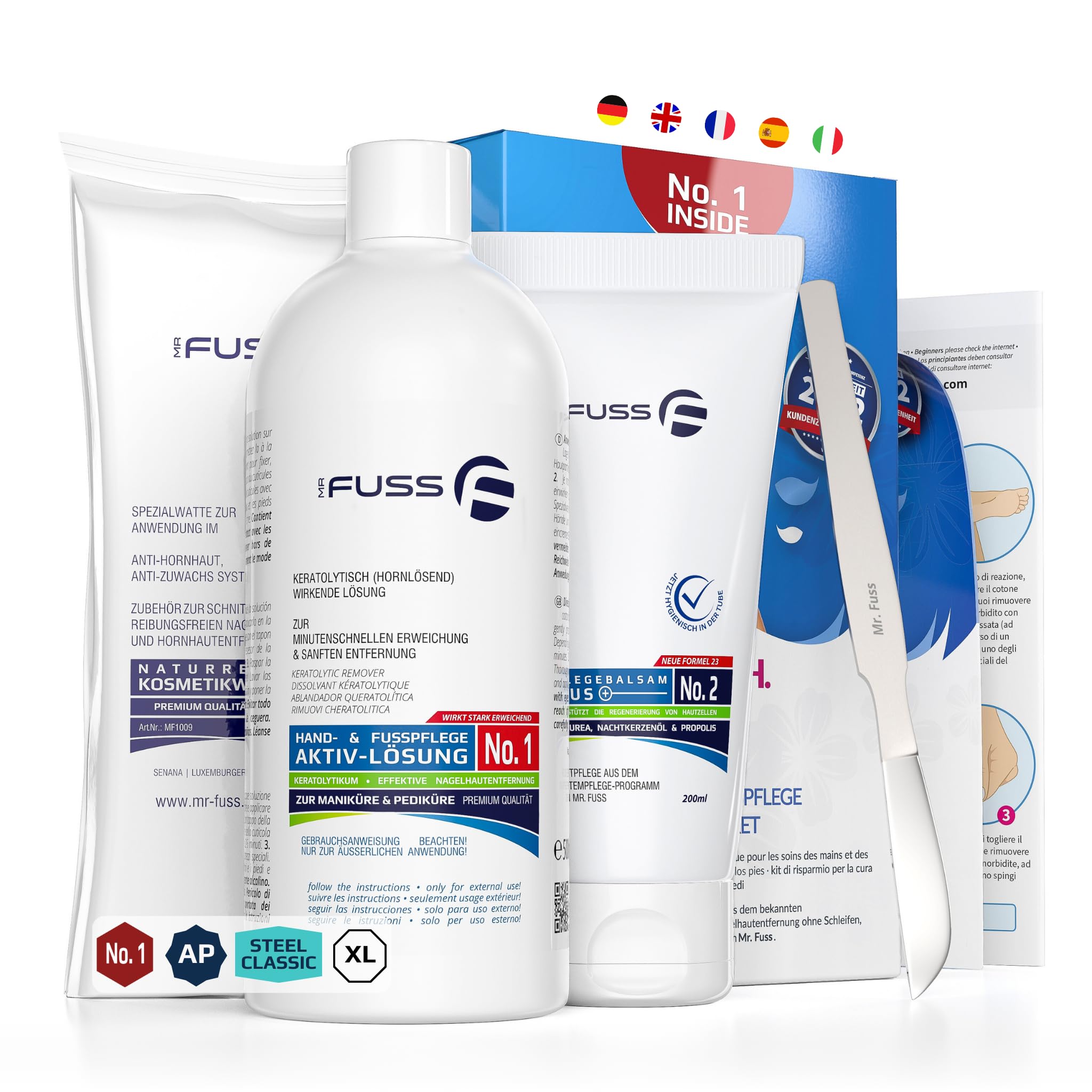 Mr. Fuss® No. 1 - Hornhautentferner Hand- und Fußpflege Set - Advanced Pack - 4 tlg. - Nagelhautentfernung - Schnell & Stark Erweichend Wirkend, Lösung, Balsam, Watte, Instrumente
