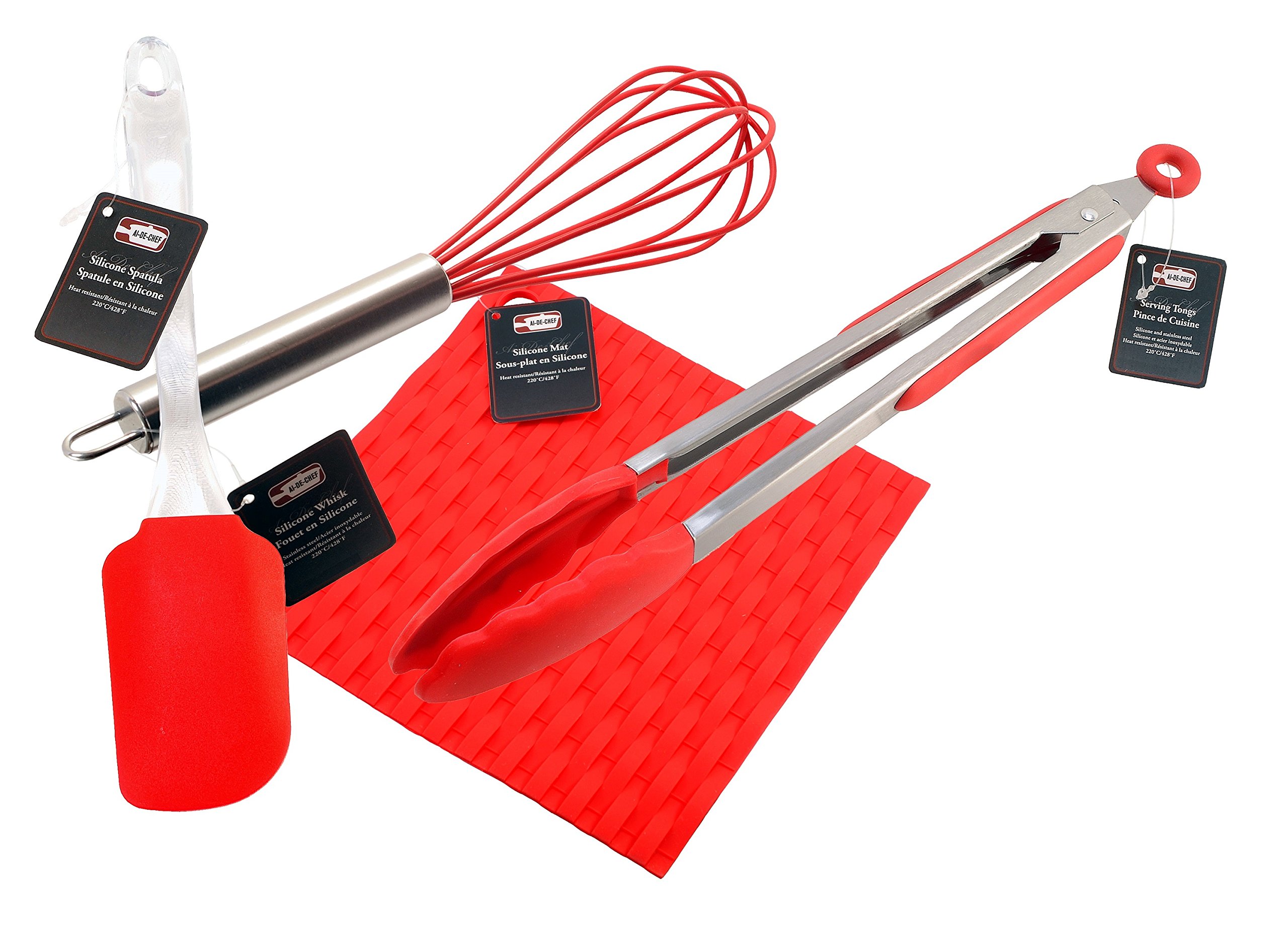 Silicone Whisk Tongs Spatula Pot Holder Combo - Dishwasher Safe - Heat Resistant up to 428Ã‚ºF - Silicone Kitchen Supplies and Utensils by Ai-De-Chef (4-Pack Red)
