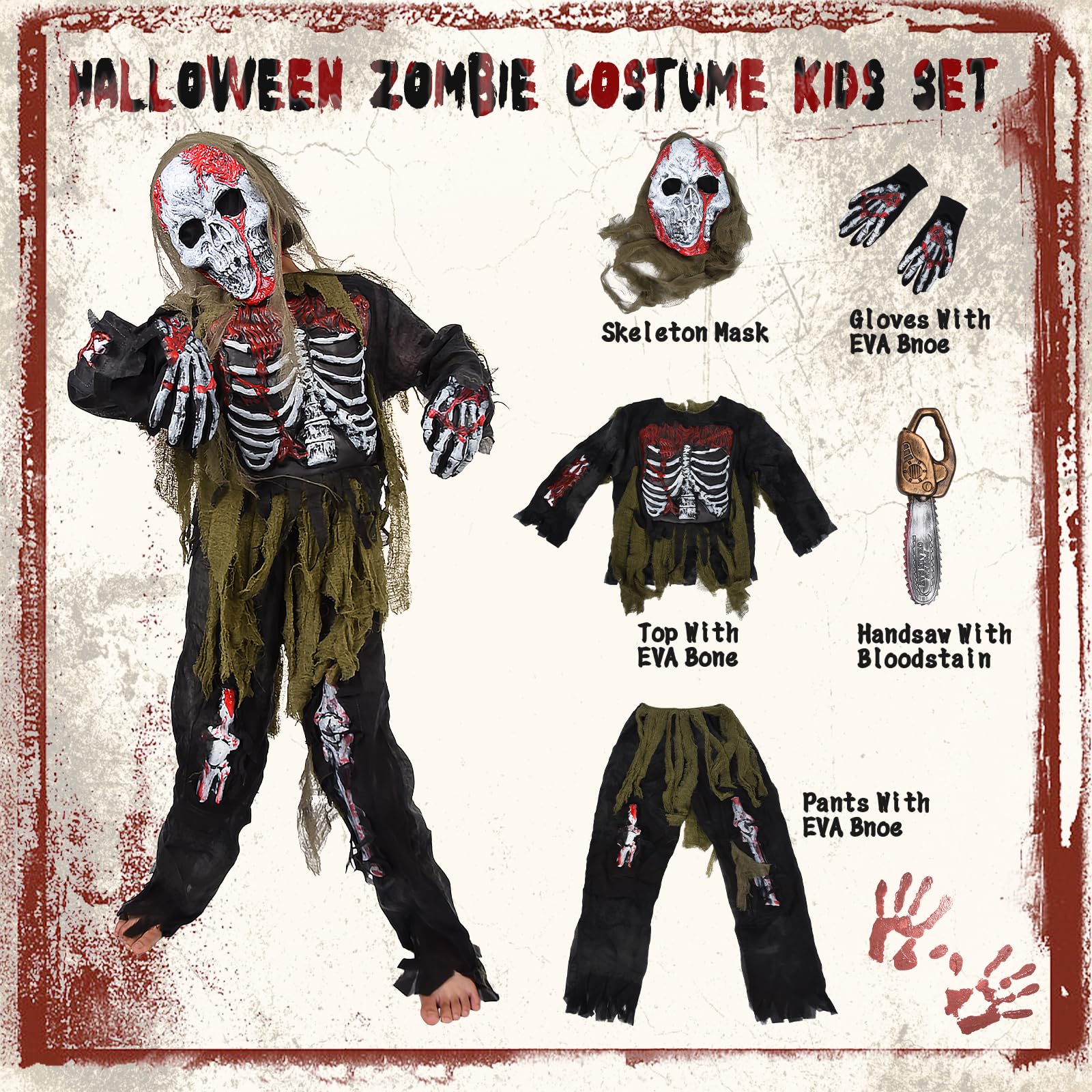 Ulikey Costume Zombie Bambino, Spaventoso Costume da Zombie Scheletro di Halloween per Bambini Costume scheletro bambino con Motosega, Guanti da Scheletro e Maschera da Zombie