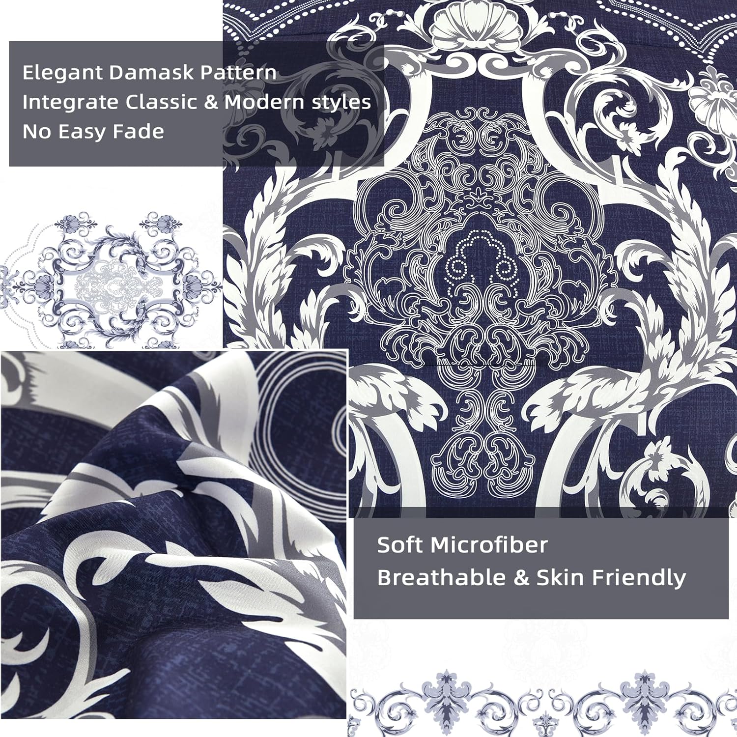 Mybedsoul 7 Pieces Navy Blue Comforter Set King Size, Damask Bed in a Bag for King Bed, Lightweight Microfiber Boho Bedding Sets with Comforter, Sheet, Pillowcases & Shams for All Season(90"x104") - Image 4