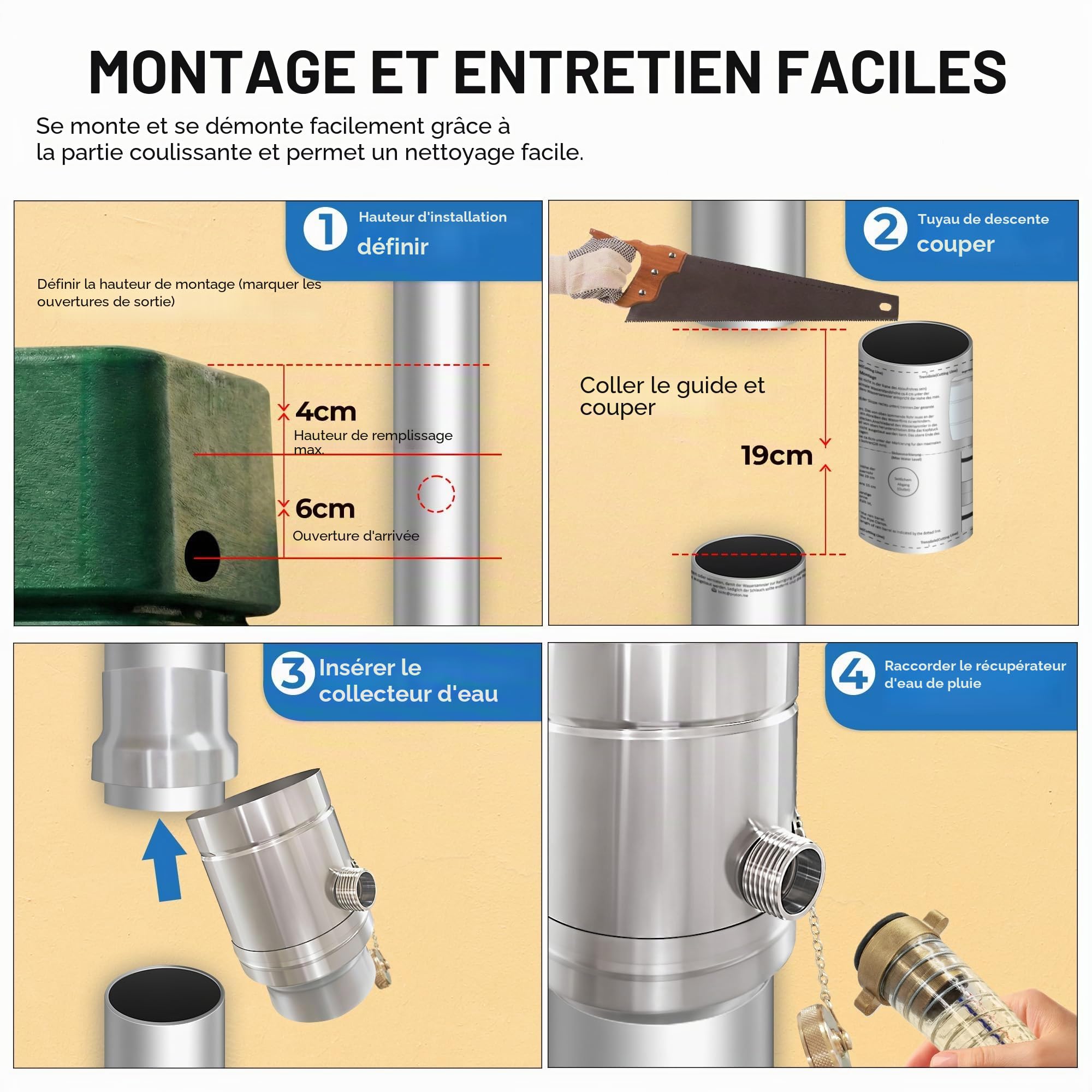 Collecteur d’Eau de Pluie pour Tuyau de Descente Ø 100mm, Récupérateur d’Eau en Acier Inoxydable et Aluminium, avec Tuyau de 45 cm et Raccord pour Cuve, Construction à Double Paroi, Rendement de 85%