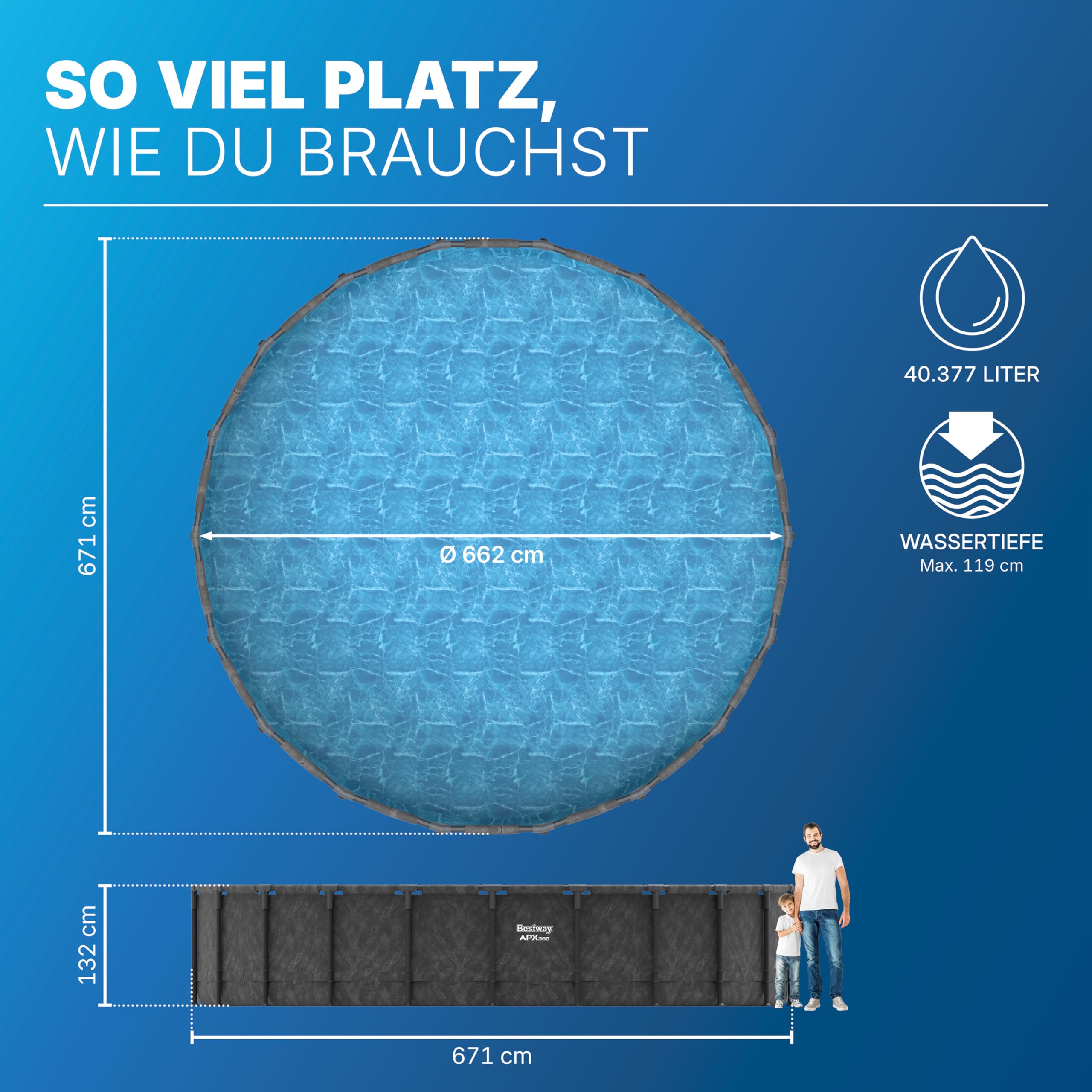 Bestway APX365 Winterfestes Frame Pool Set, Ø 671 x 132 cm, 40.377 Liter, Sandfilteranlage, Korrosionsbeständiger Stahlrahmen, ClickConnect System, Sicherheitsleiter, Abdeckplane, Filterbälle