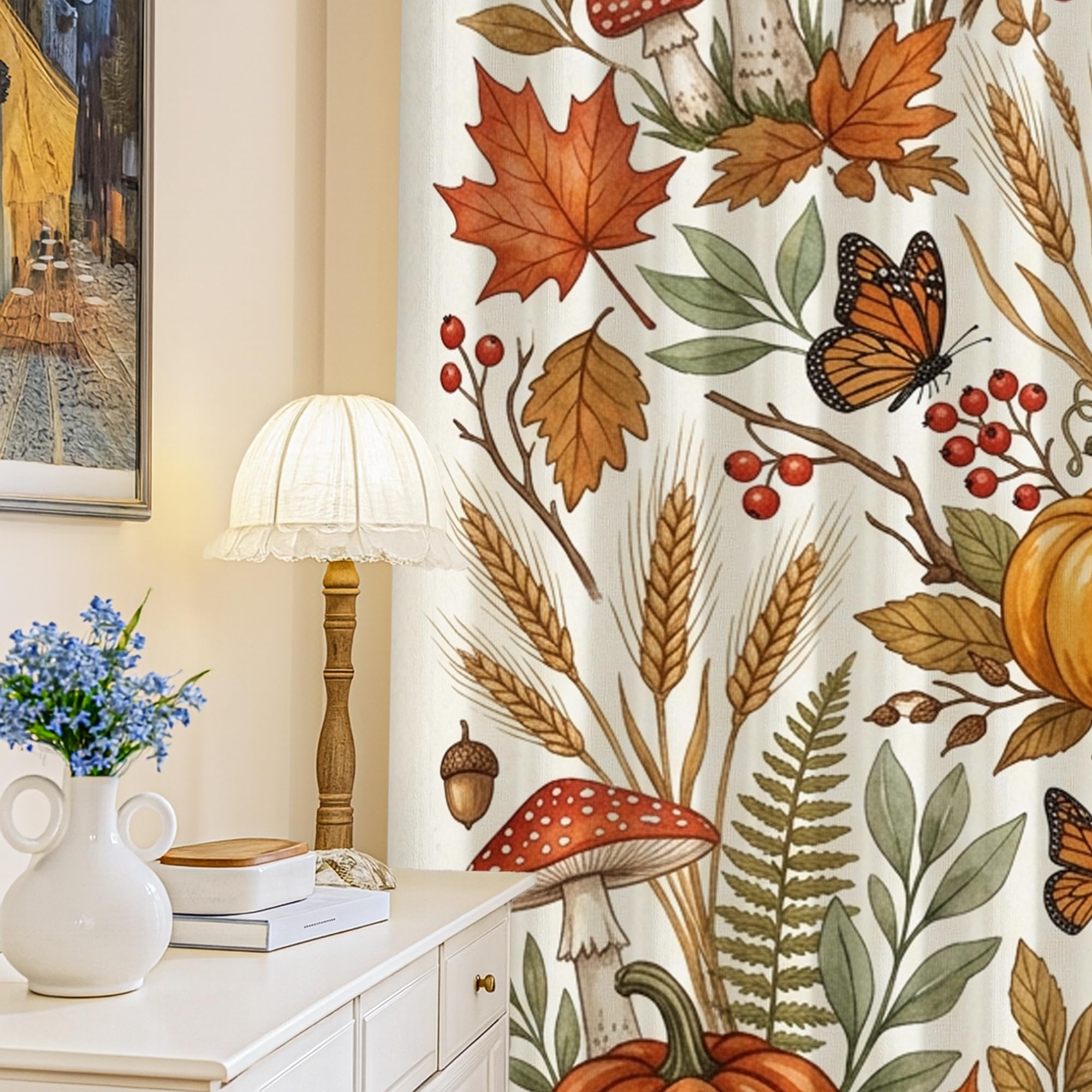 Rideaux occultants motif citrouilles rustiques et feuilles d'automne orange 132x213 cm