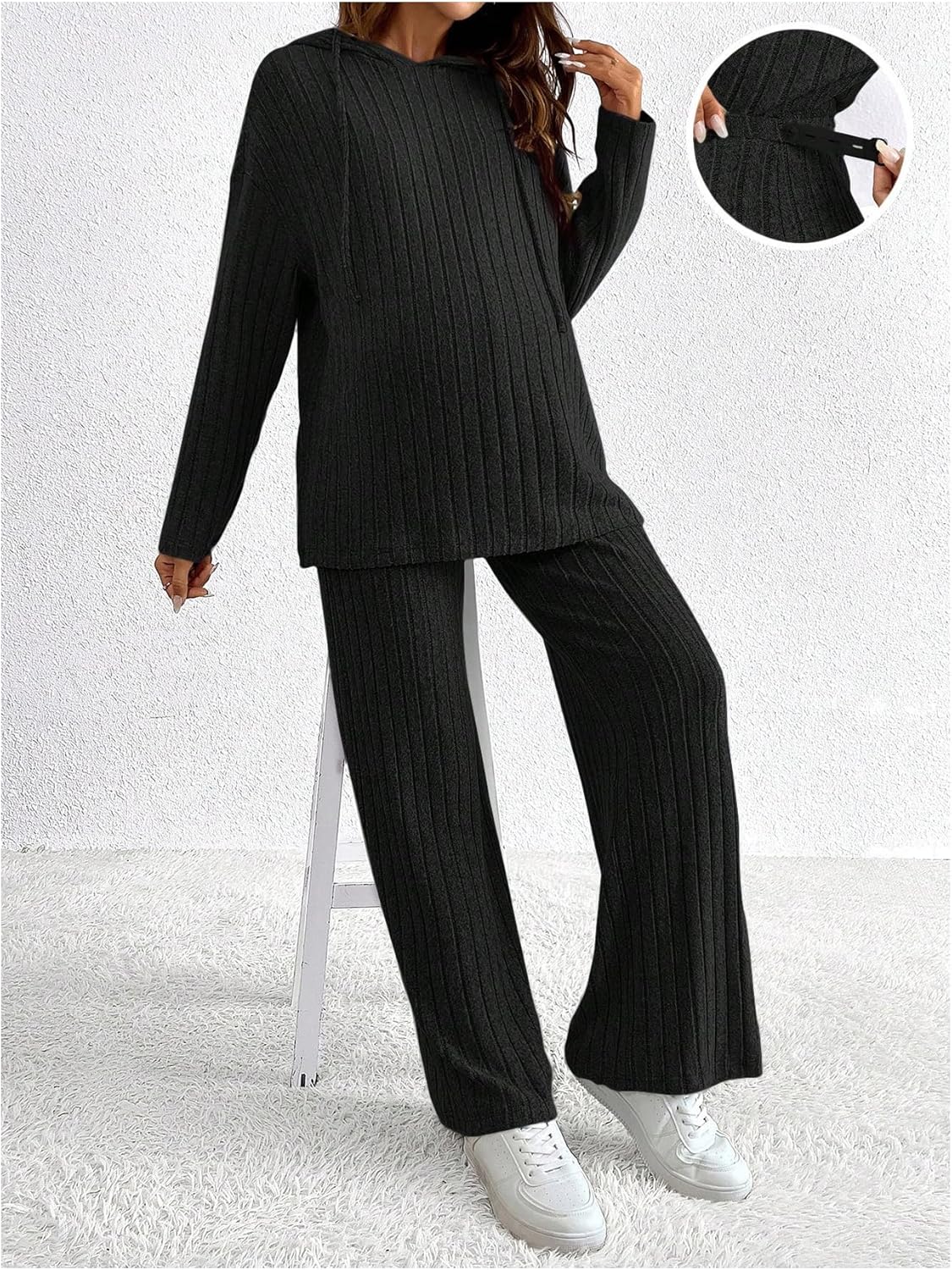 MakeMeChic Women's Maternity 2 Piece Outfits Lounge Set Ribbed Knit Long Sleeve Hoodie and Pants Pregnancy Set - Image 4