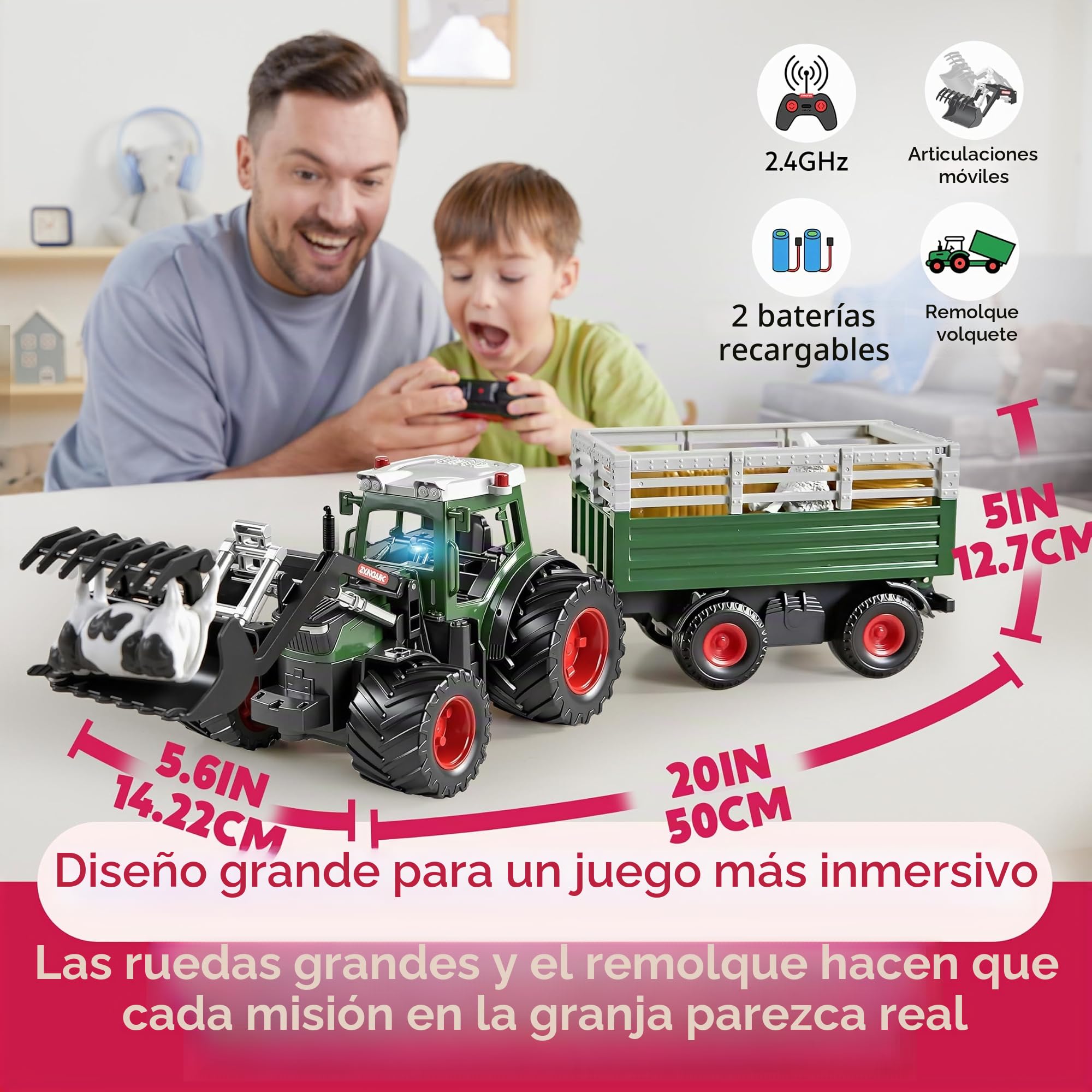 SYNCFUN Tractor de Juguete a Control Remoto vehículo agrícola Grande con Remolque, Cargador, Luces y Sonidos