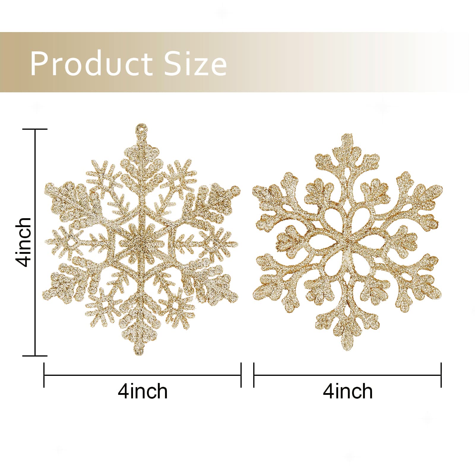 36pcs Christmas Snowflake Ornaments Plastic Glitter Snowflakes Ornaments for Xmas Tree Decorations, 4-inch, Champagne Gold