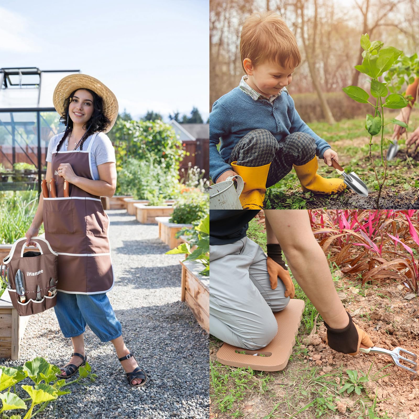 Braunes Gartenwerkzeug-Set, 12-teilig, robustes Garten-Handwerkzeug-Set mit rutschfestem ergonomischem Griff, Aufbewahrungstasche, Gartenschürze, Handschuhe und Kniepolster, Gartengeschenke für Frauen