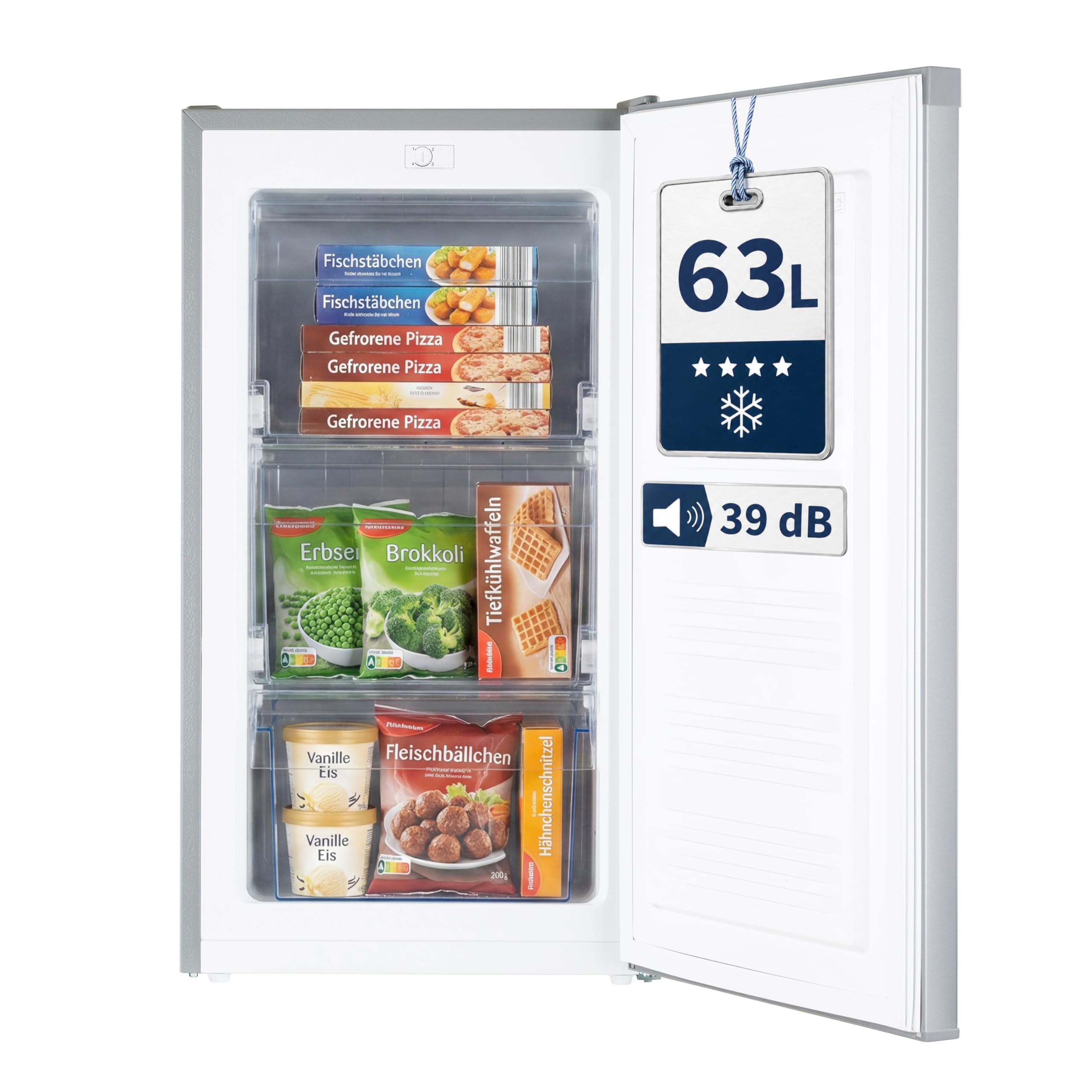 Gefrierschrank klein 63L, Mini Gefrierschrank, Glasablage, 4 Sterne Tiefkühlschrank bis -18 °C, leise 39 dB, Türanschlag wechselbar, freistehend, für Küche/Büro/Keller/Camping, Silber