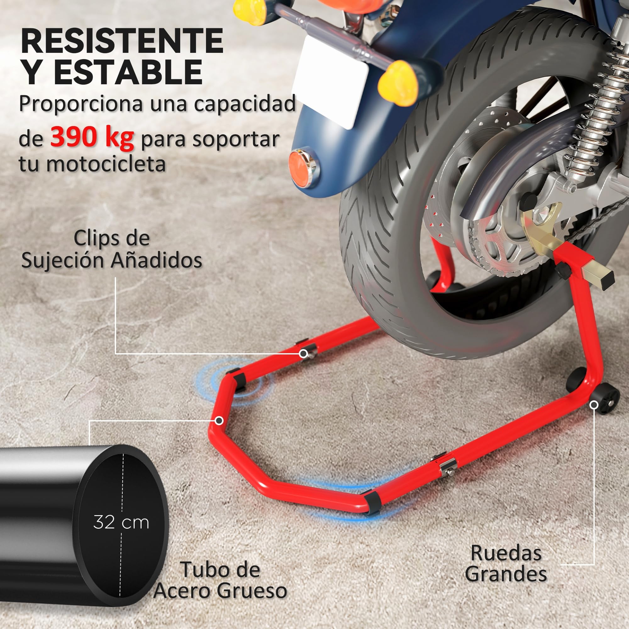 HOMCOM Caballete Moto Elevador Universal Carga 390 kg Combo Soporte de Rueda Delantera y Trasera Motocicleta con Adaptadores de Horquillas en U y L Ajustables y Ruedas para Reparación y Mantenimiento