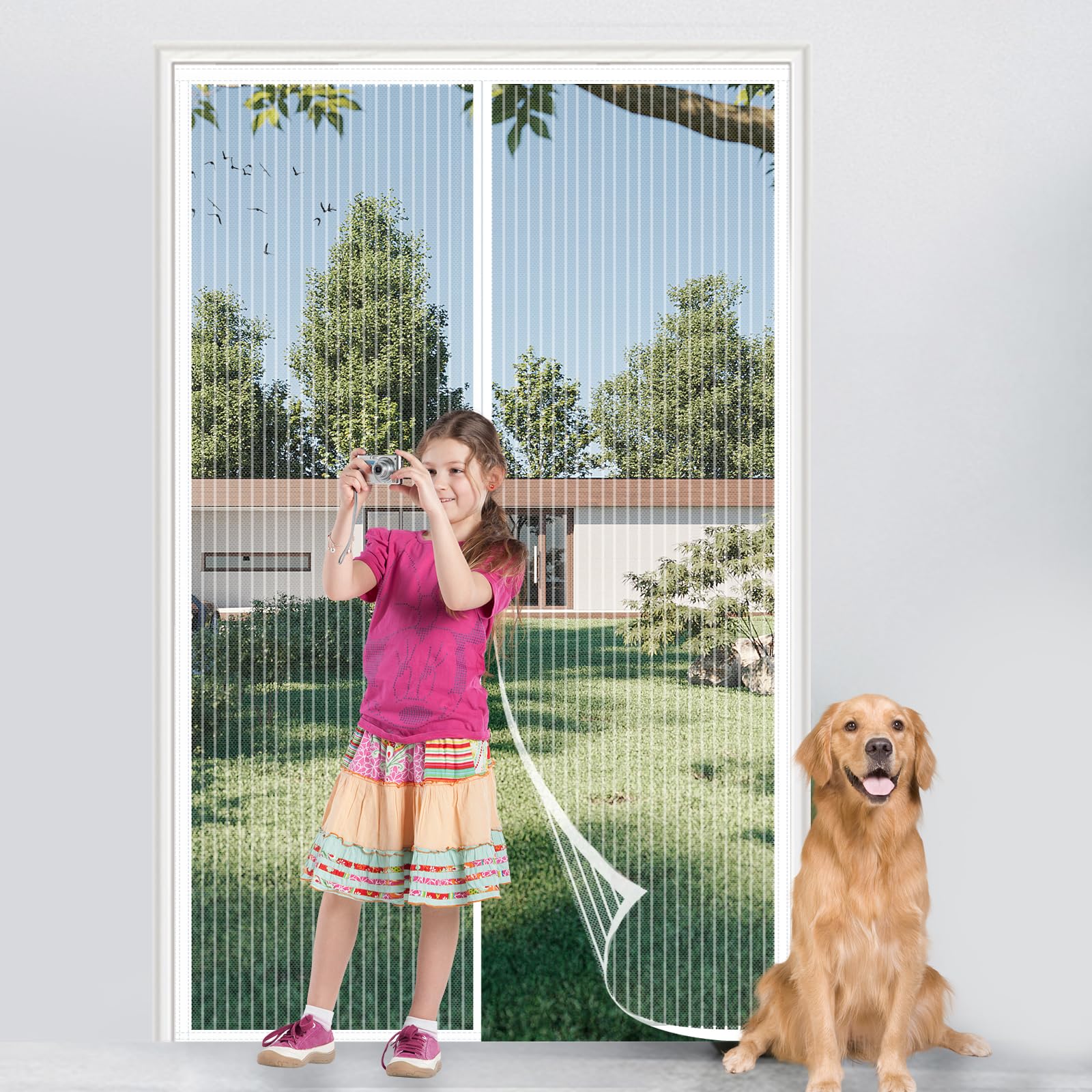 Magnetic Screen Door, Fly Insect Screen Door Screen Mesh Curtain with Powerful Magnets and Full Frame Hook&Loop, Easy to Install, Insect Protection Door No Gap (White, 80x200cm)