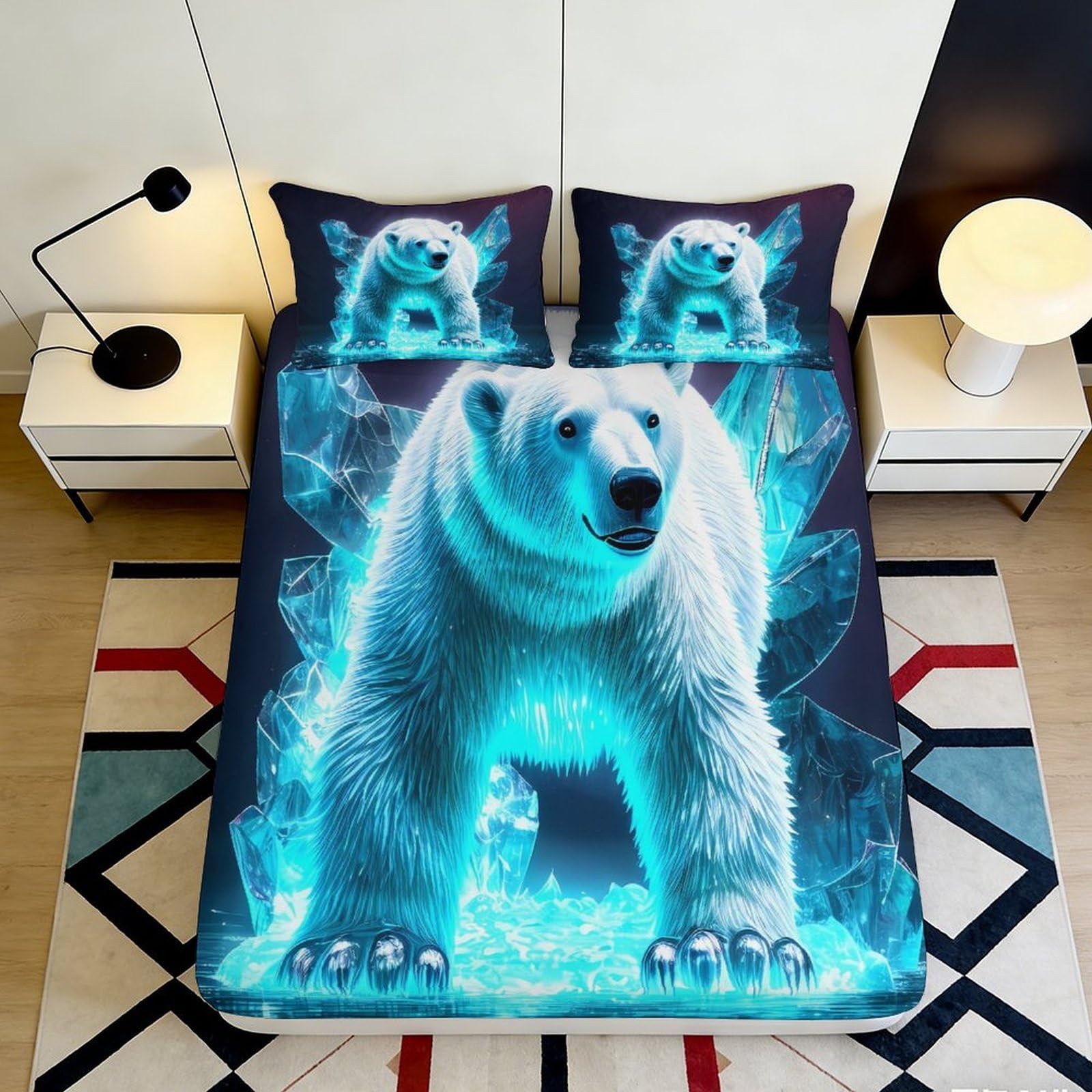Pnayamiorkfel Style-10 3D Printed Ice Crystal Polar Bear Fitted Sheet Microfiber Soft Blue Bed Cover For Bedroom Guest Room Decor 90X200x25cm