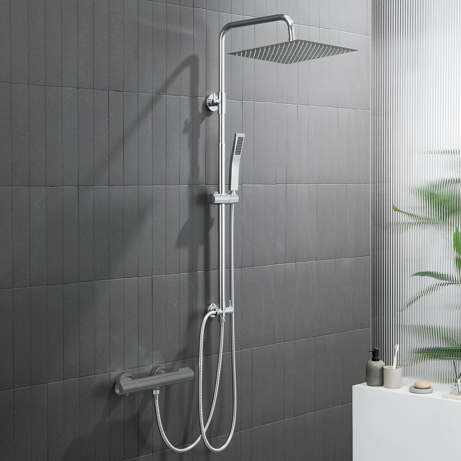 Auralum Columna Ducha sin Grifo, Set de Ducha con Cabezal de Ducha Lluvia 30×30 cm Cuadrado Acero Inoxidable, Alcachofa, Barra de Ducha Altura Regulable 68-108cm,válvula desviadora de Latón,Cromo — view 18
