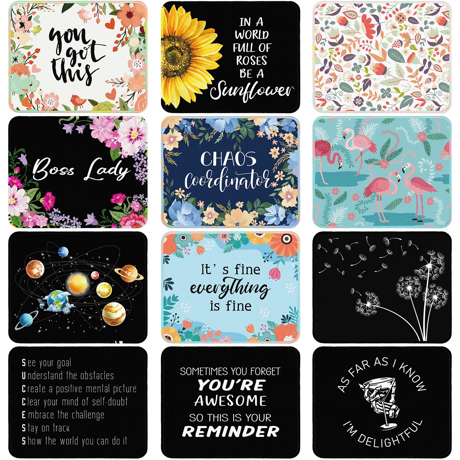 Kanayu 12 Pcs Inspirational Mouse Pad Bulk Fun Floral Mouse Pad with Motivational Quotes Square Non Slip Rubber Mousepad for Desk Office Home Laptop
