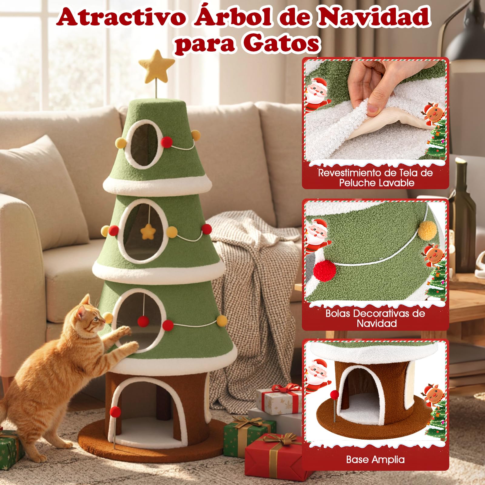 GYMAX 154 cm Árbol de Navidad para Gatos, Torre Multinivel para Gatitos con 4 Condominios, Alfombra Rascadora de Sisal, Juguete Colgante y de Resorte, Mueble de Escalada para Gatos (Estilo 5)