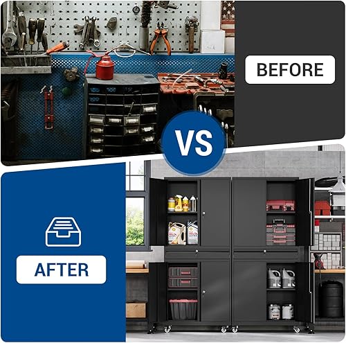 Miniatura 4 de Fesbos Gabinete de metal de 73 pulgadas, color negro, resistente con ruedas, estantes, puertas y cajones con cerradura, para garaje, despensa,