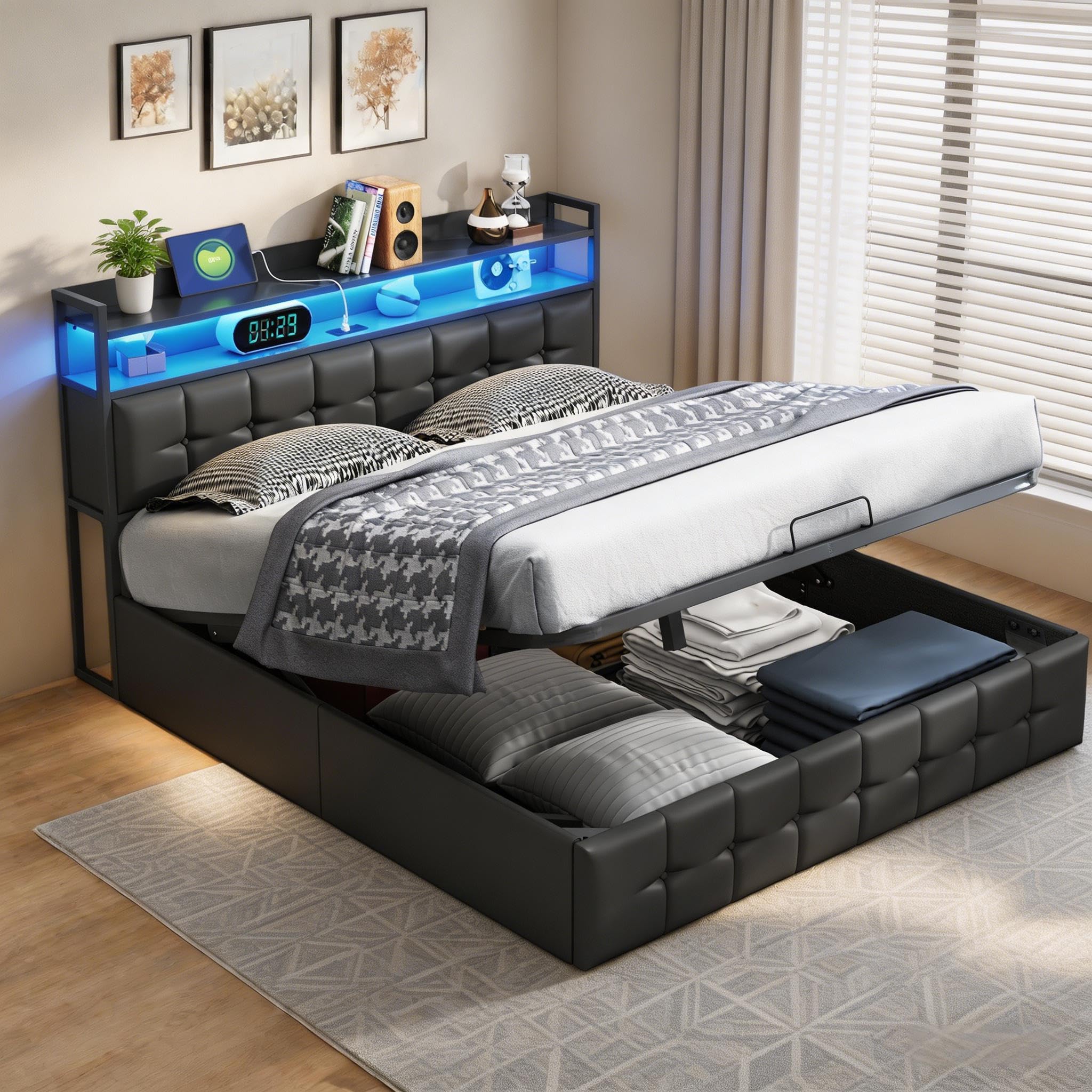 PerGar Polsterbett Doppelbett 140x200 mit LED Beleuchtung und Ladefunktion, Hydraulisches Stauraumbett mit Kopfteil, Jugendbett Betten mit Lattenrost und Bettkasten, PU, Ohne Matratze, Schwarz