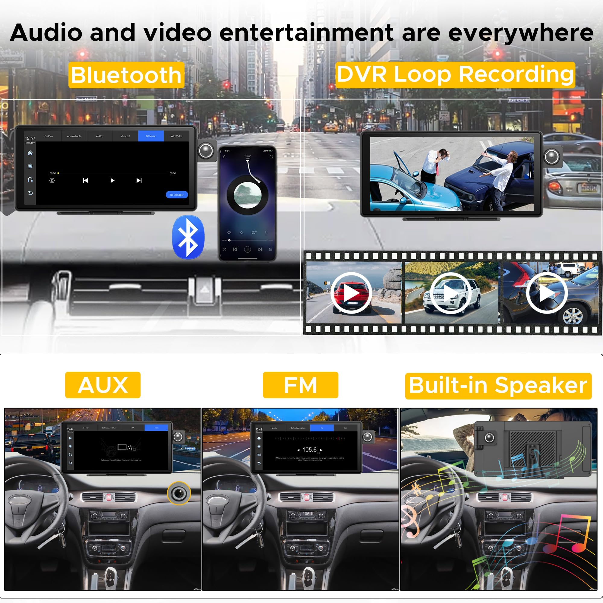 Autoradio 11.36" sans Fil Carplay Android Auto Airplay Caméra Dash Cam 4K avec Caméra de Recul,IPS Écran Tactile, Enregistrement en Boucle,Navigation GPS,Bluetooth,FM,AUX