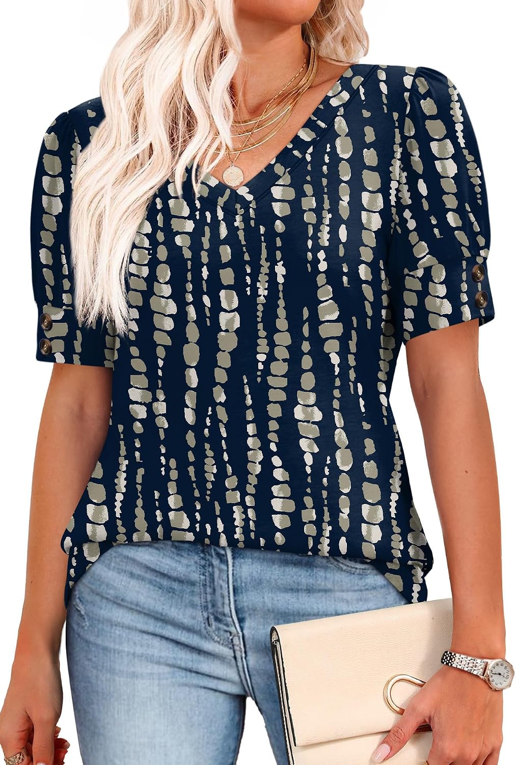 OFEEFAN Womens Tops Short Sleeve Shirts Buttons V Neck Spring Fashion Summer Outfits Plus Size Blouses Dressy Casual thumbnail