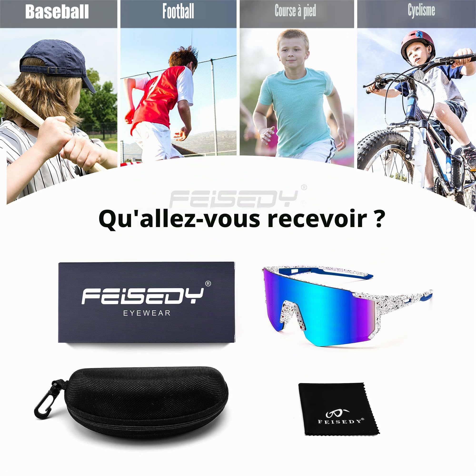 FEISEDY Lunettes de Soleil de Sport Garçons et Filles de 8 à 16 ans pour les Sports de Plein Air Cyclisme Tennis Baseball avec Protection UV400 B0048
