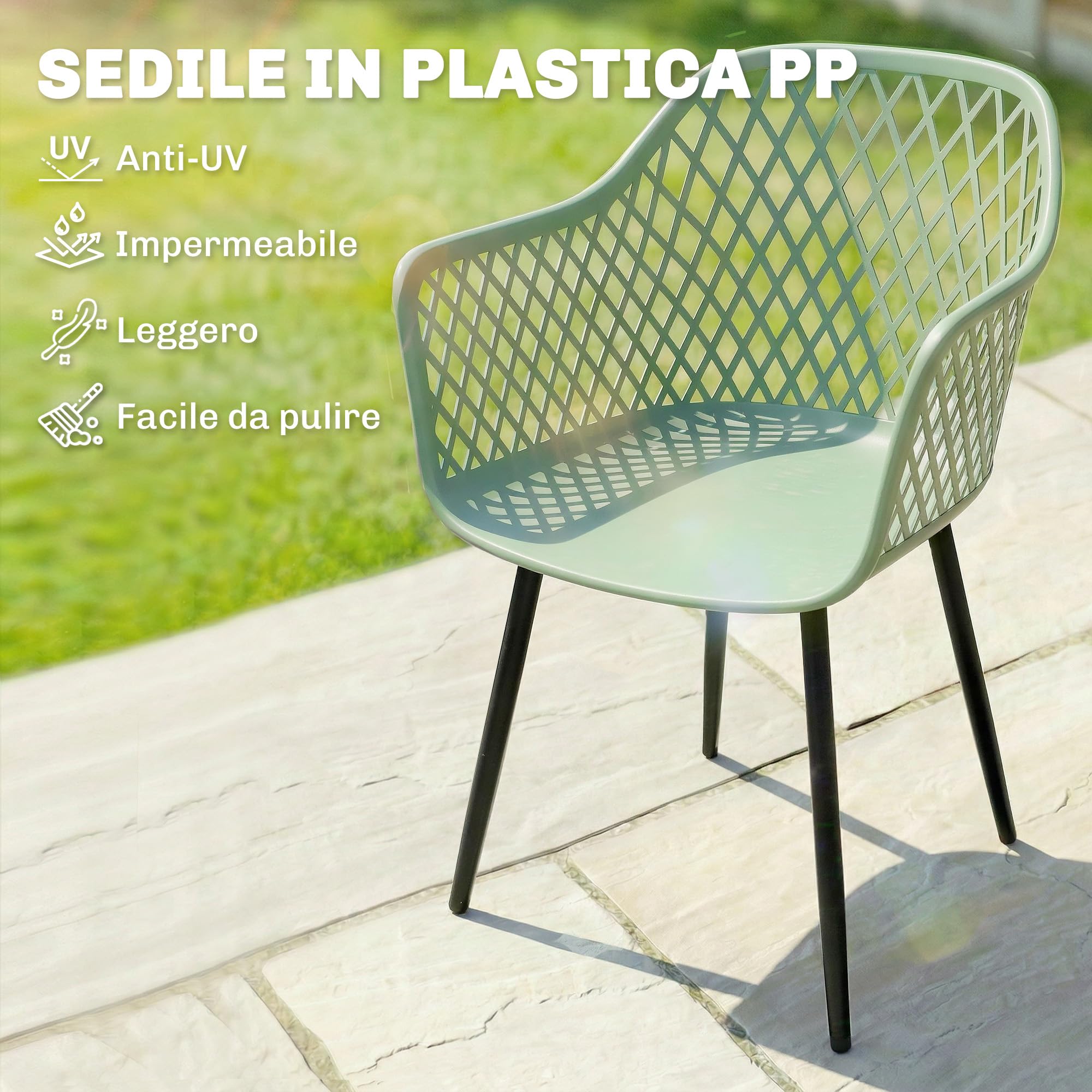 Outsunny Set 4 Sedie da Giardino Anti UV con Braccioli 56x51x84 cm Verde | Polipropilene, Sedie per Pranzo da Esterno, Schienale Diamantato, Gambe in Metallo, per Patio Balcone Terrazza Esterno