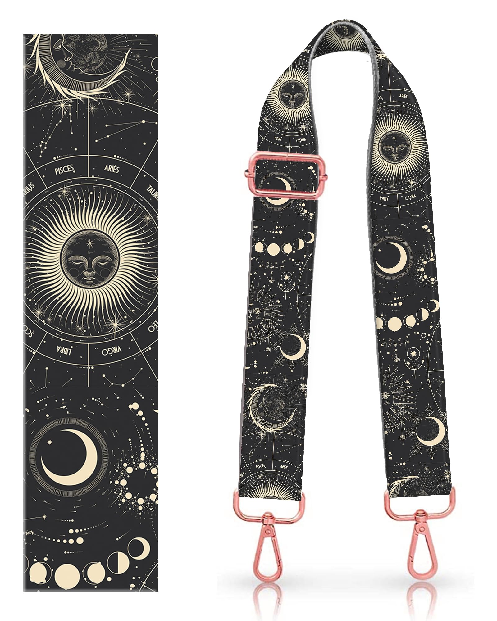 AURASWAY Purse Straps Rose Gold Buckles Wide Shoulder Strap,Fashion Adjustable Replacement Belt for Crossbody Canvas Bag Handbag (Astrological Moon Sun)