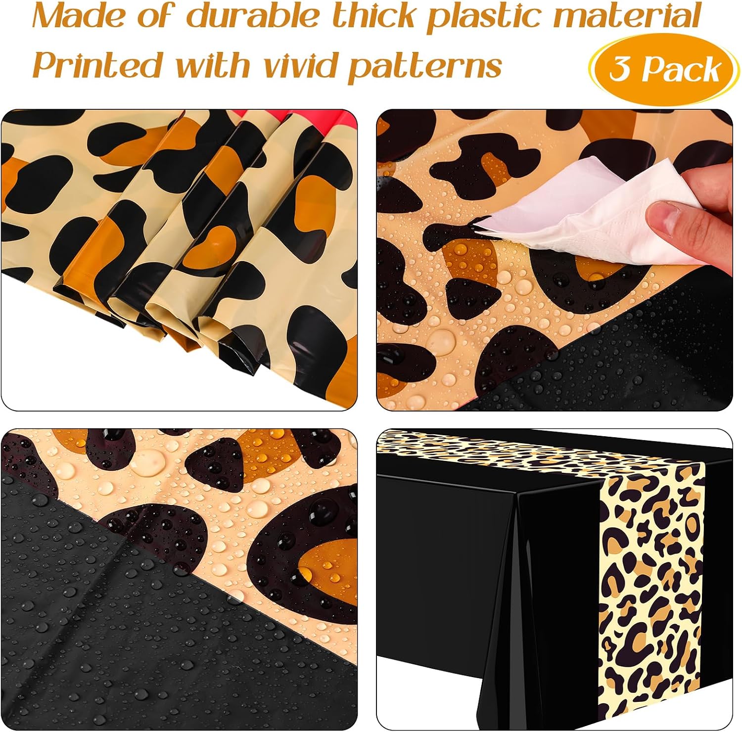 Buryeah 3 Pcs 54 x 108'' Plastic Disposable Leopard Tablecloth, Black image 4