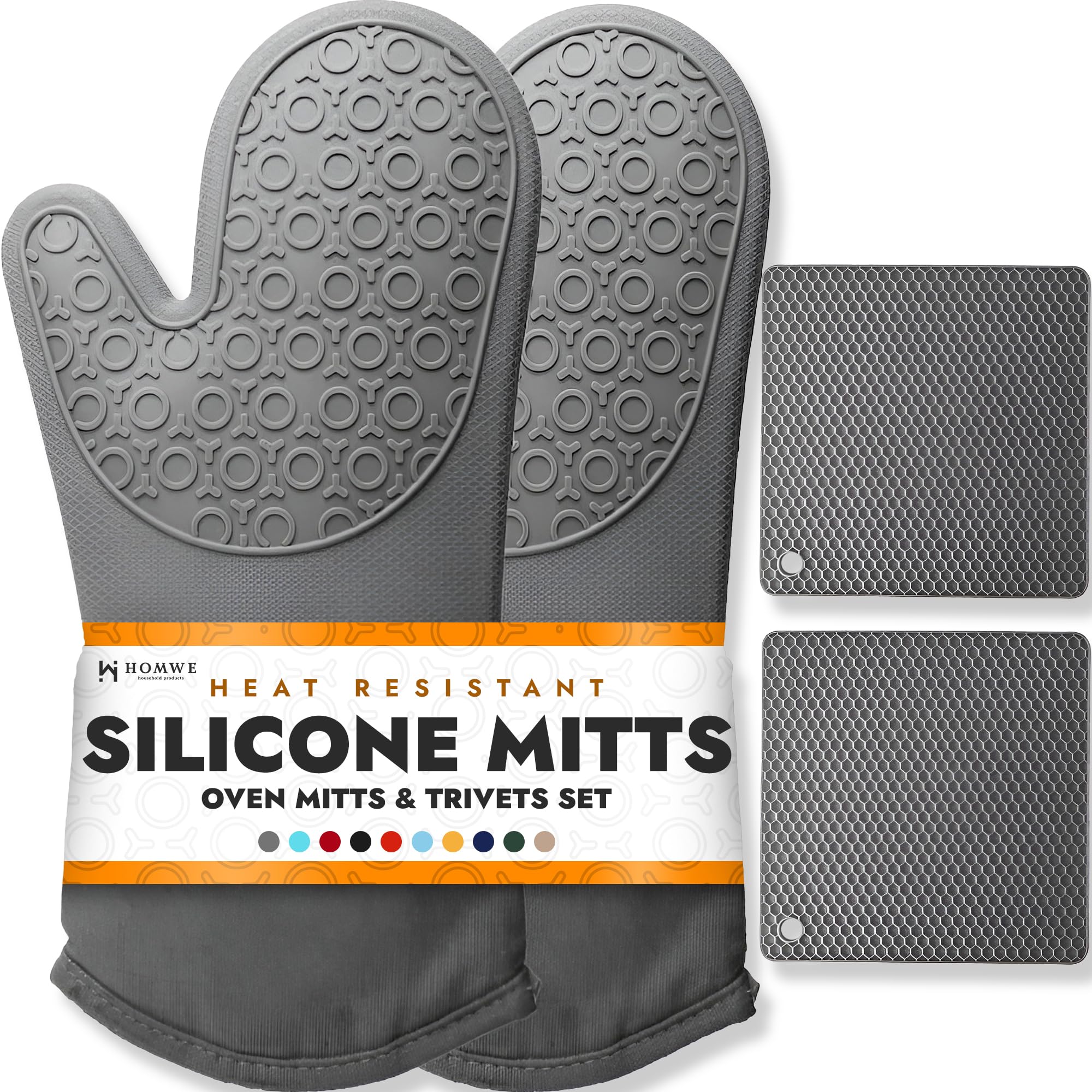 BPA-Free Soft Silicone 4 Piece Oven Mitts & Trivets Set - Ultra Heat Resistant Oven Mitts with Thick Cotton Liner - Long Slip Resistant Pot Holders, Flexible Oven Gloves - Gray