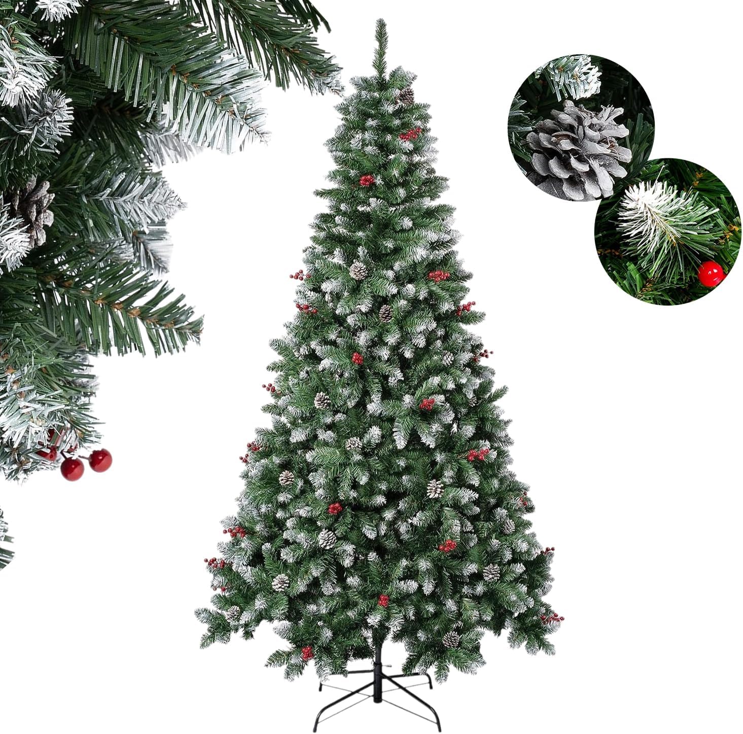 UimoKi 1.8M Christmas Tree, Unlit Snow Flocked Artificial Xmas Tree with Metal Stand, Premium PVC, 744 Branch Tips, Easy Assembly Hinged Christmas Pine Tree for Home, Party, Holiday Decoration