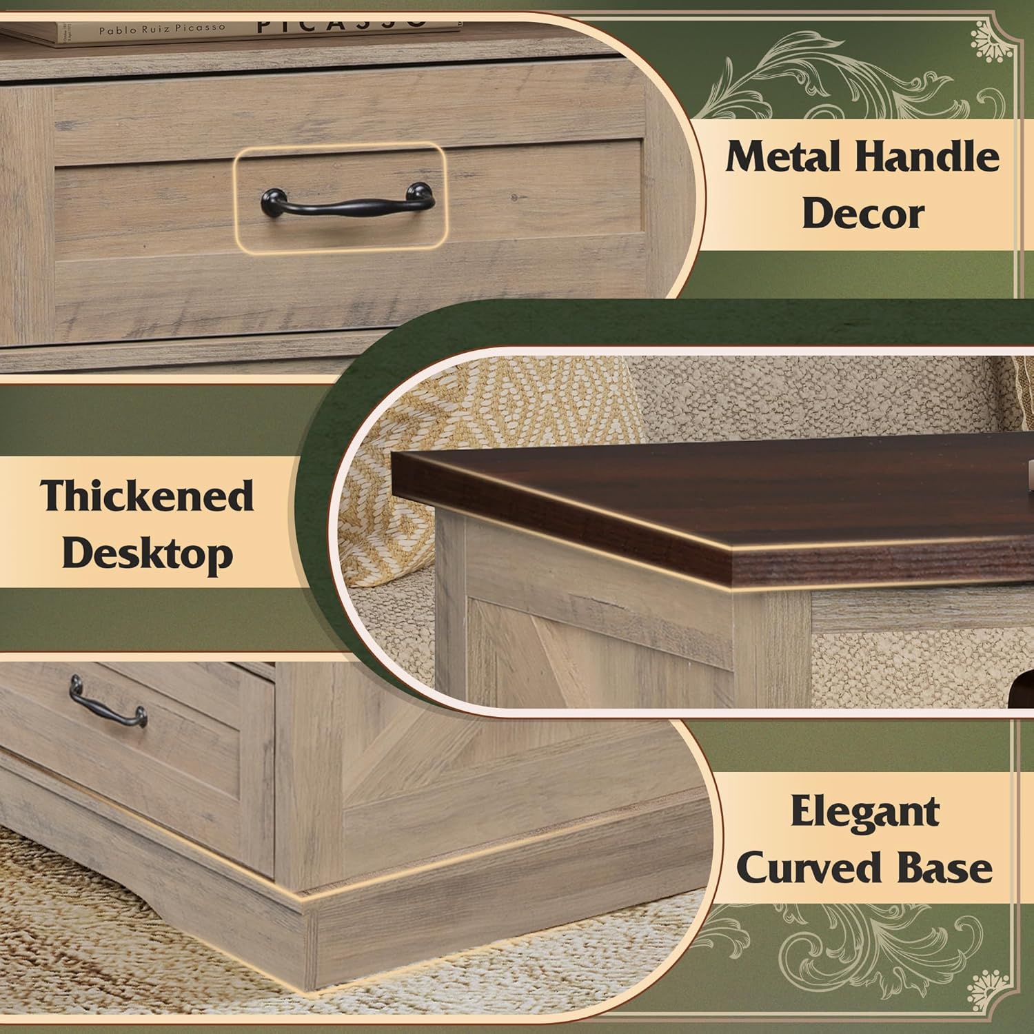 Close-up images detailing the metal handle decor on the drawers, the thickened desktop, and the elegant curved base of the coffee table.