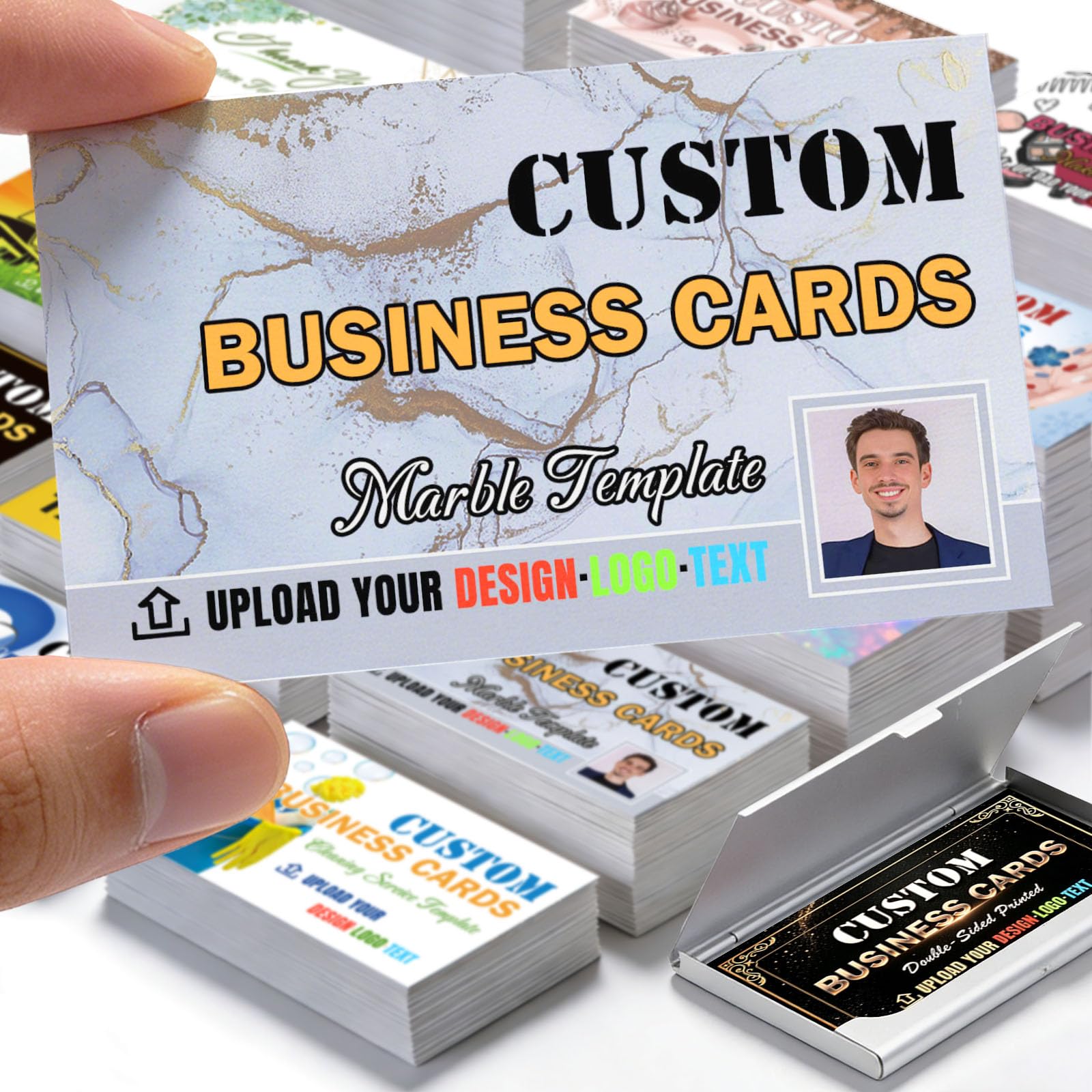 Custom Business Cards Personalised with Logo, 300gsm Waterproof Matte Paper Cards Customisable Double Sided Printed with QR Code Photo Text for Small Business and Events, 100-1000 Pcs